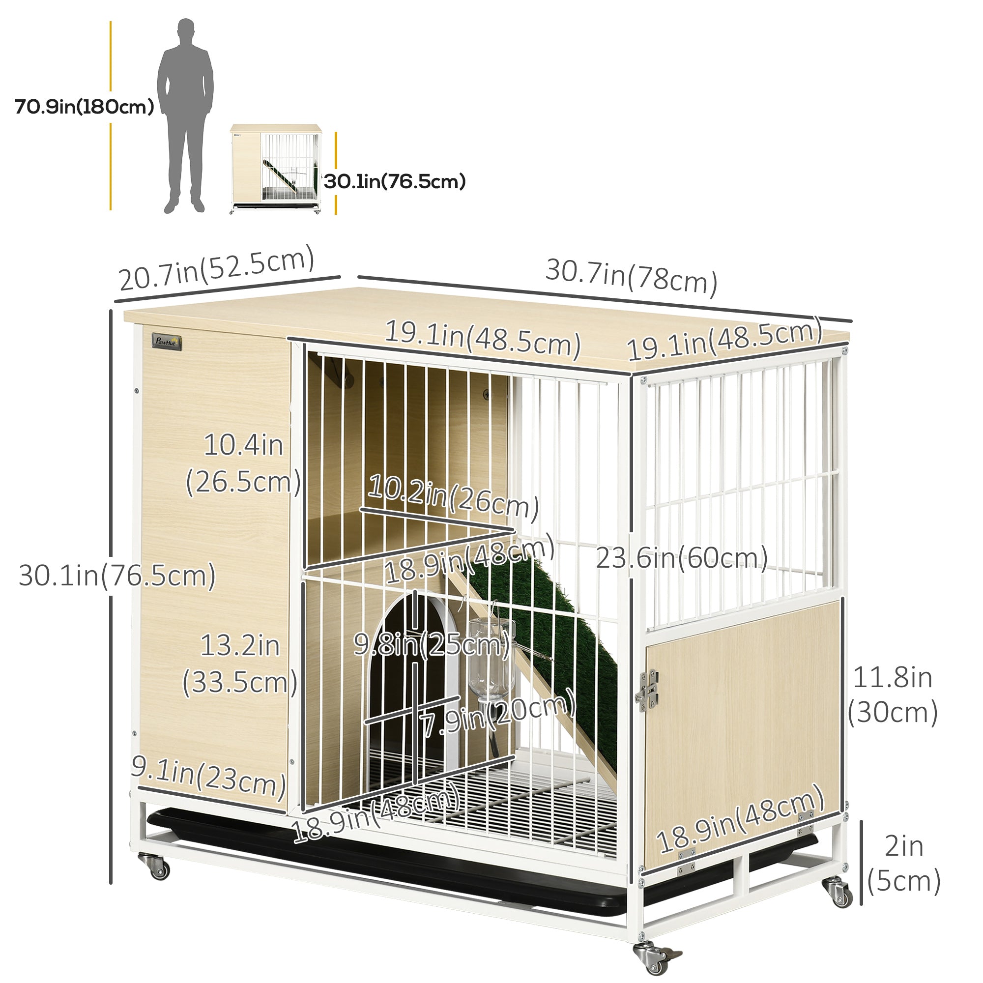 PawHut Indoor Rabbit Hutch Furniture with Wheels, Bunny Cage Side Table with Removable Tray, Water Bottle, Top Access, Oak, 31" x 21" x 30"