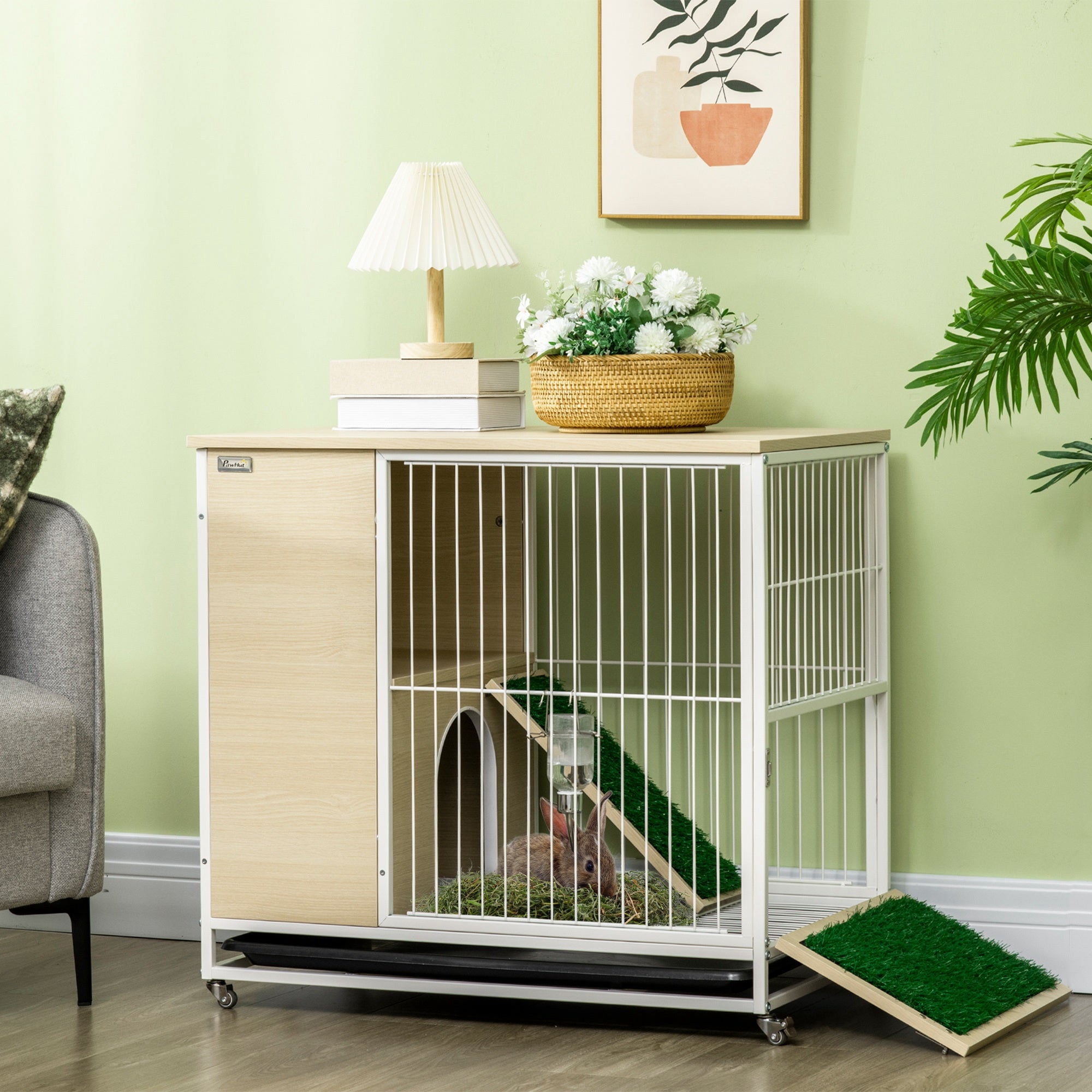 PawHut Indoor Rabbit Hutch Furniture with Wheels, Bunny Cage Side Table with Removable Tray, Water Bottle, Top Access, Oak, 31" x 21" x 30"