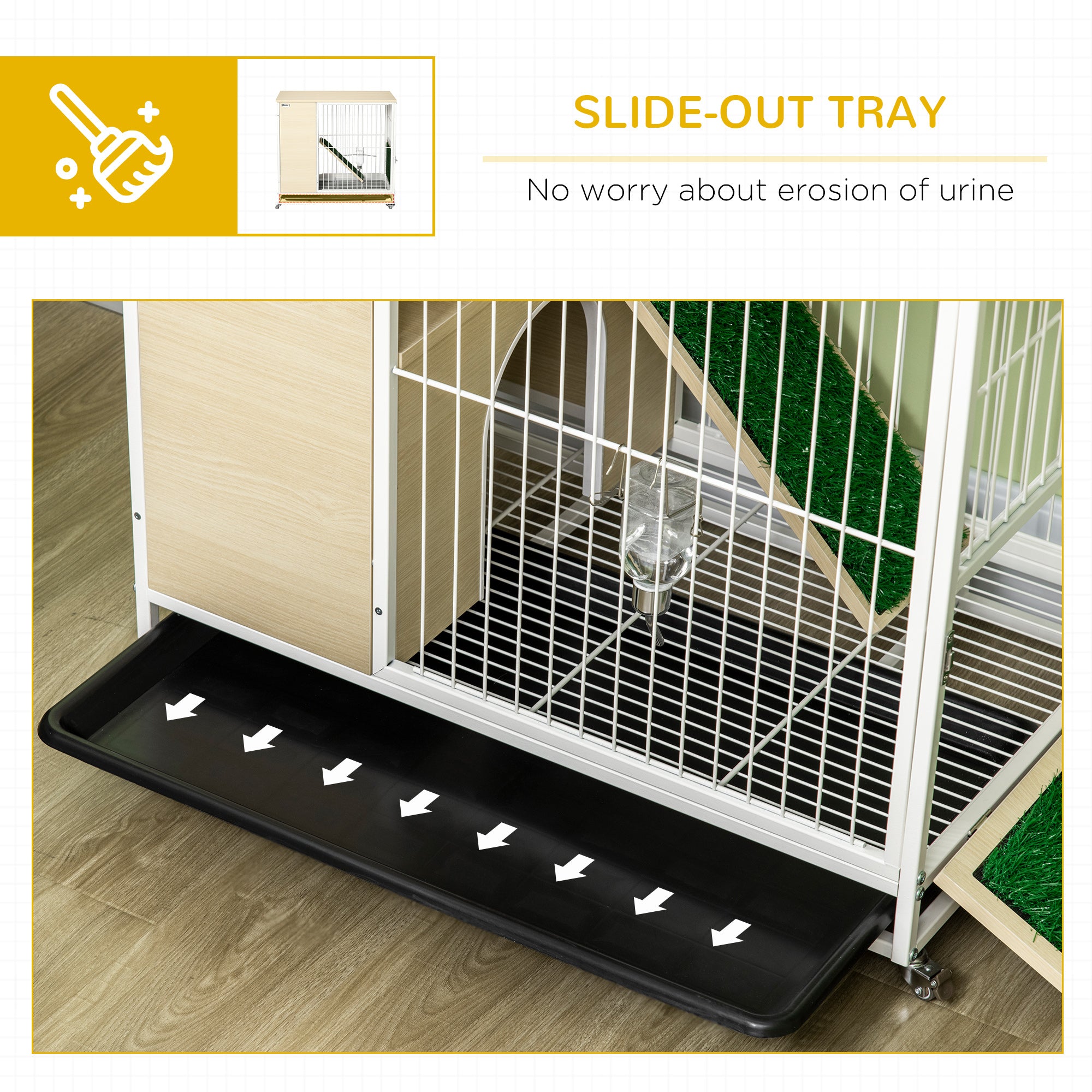 PawHut Indoor Rabbit Hutch Furniture with Wheels, Bunny Cage Side Table with Removable Tray, Water Bottle, Top Access, Oak, 31" x 21" x 30"