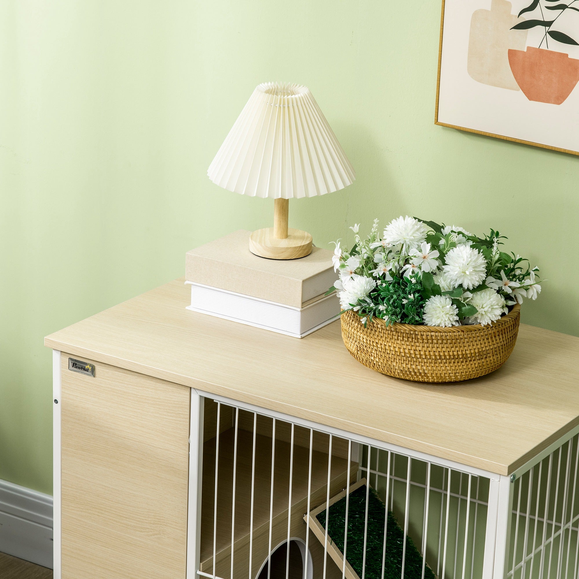 PawHut Indoor Rabbit Hutch Furniture with Wheels, Bunny Cage Side Table with Removable Tray, Water Bottle, Top Access, Oak, 31" x 21" x 30"