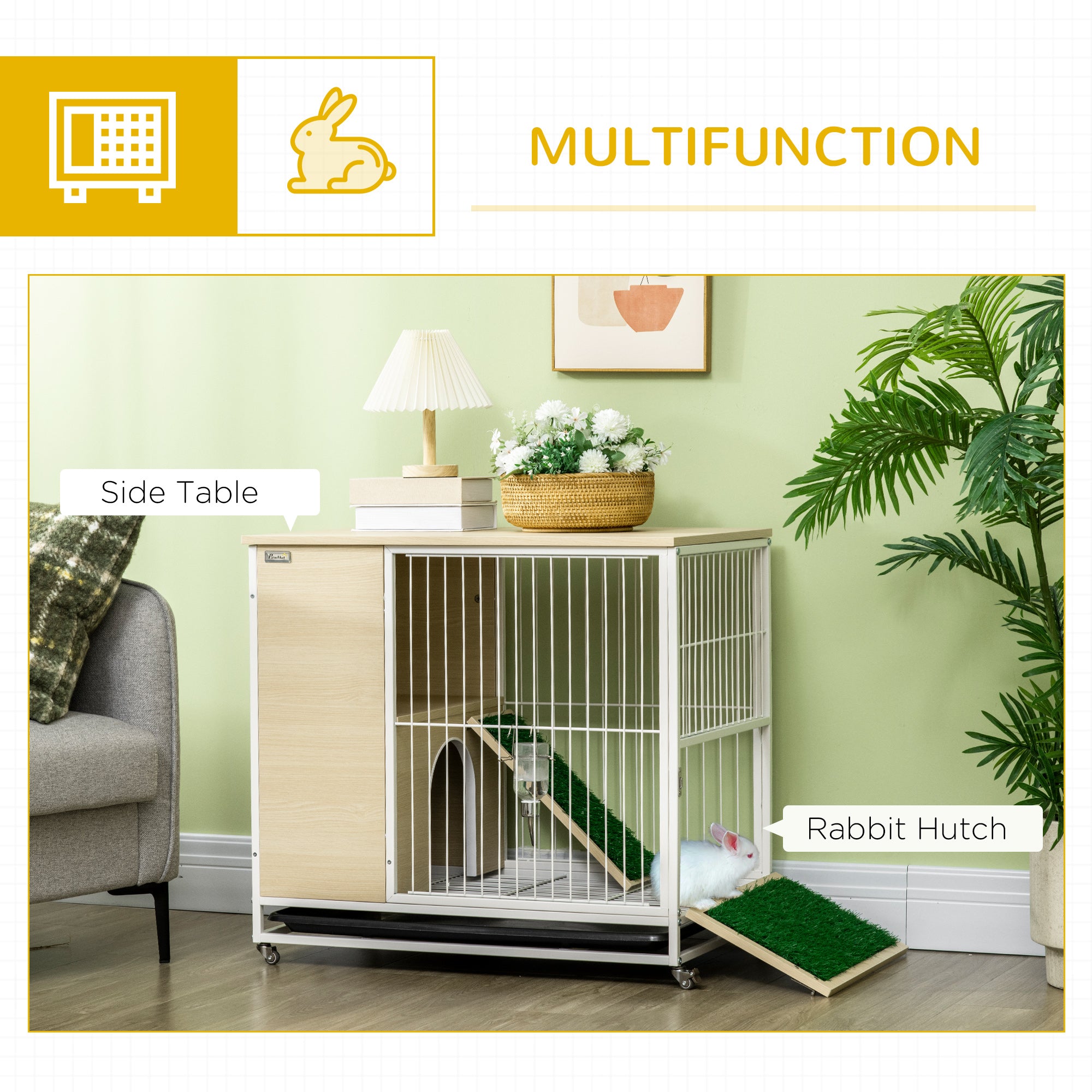 PawHut Indoor Rabbit Hutch Furniture with Wheels, Bunny Cage Side Table with Removable Tray, Water Bottle, Top Access, Oak, 31" x 21" x 30"