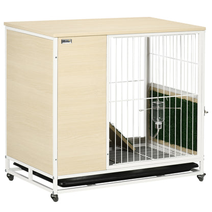 PawHut Indoor Rabbit Hutch Furniture with Wheels, Bunny Cage Side Table with Removable Tray, Water Bottle, Top Access, Oak, 31" x 21" x 30"