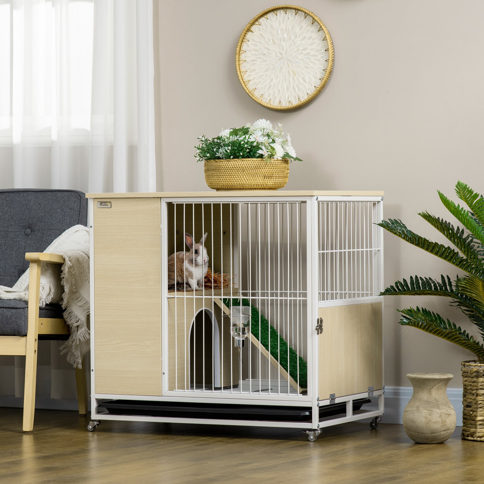 PawHut Indoor Rabbit Hutch Furniture with Wheels, Bunny Cage Side Table with Removable Tray, Water Bottle, Top Access, Oak, 31" x 21" x 30"