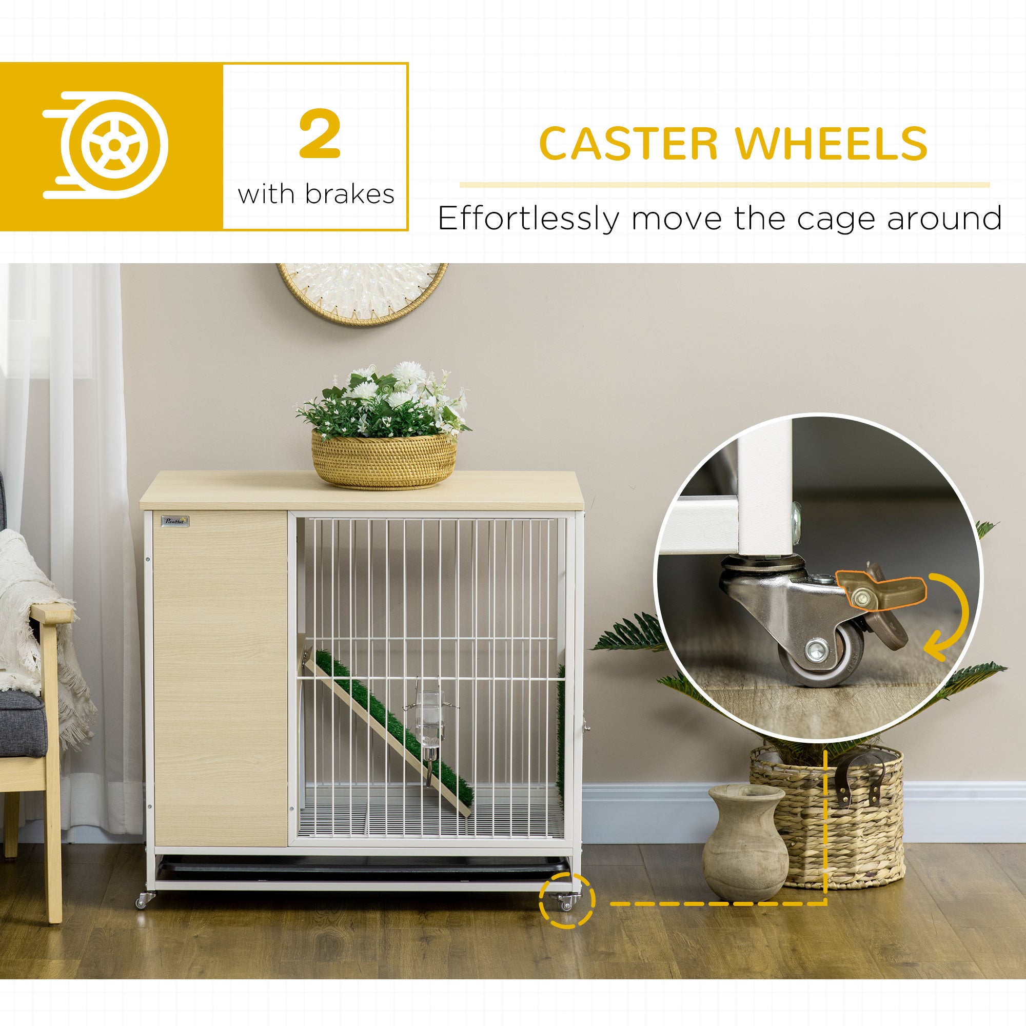 PawHut Indoor Rabbit Hutch Furniture with Wheels, Bunny Cage Side Table with Removable Tray, Water Bottle, Top Access, Oak, 31" x 21" x 30"