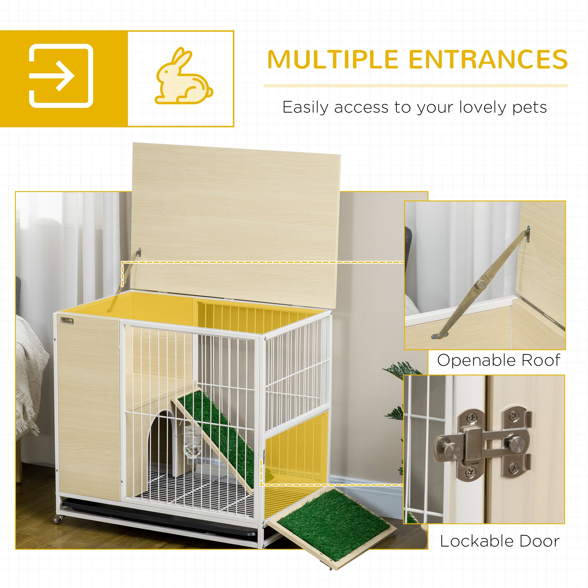 PawHut Indoor Rabbit Hutch Furniture with Wheels, Bunny Cage Side Table with Removable Tray, Water Bottle, Top Access, Oak, 31" x 21" x 30"