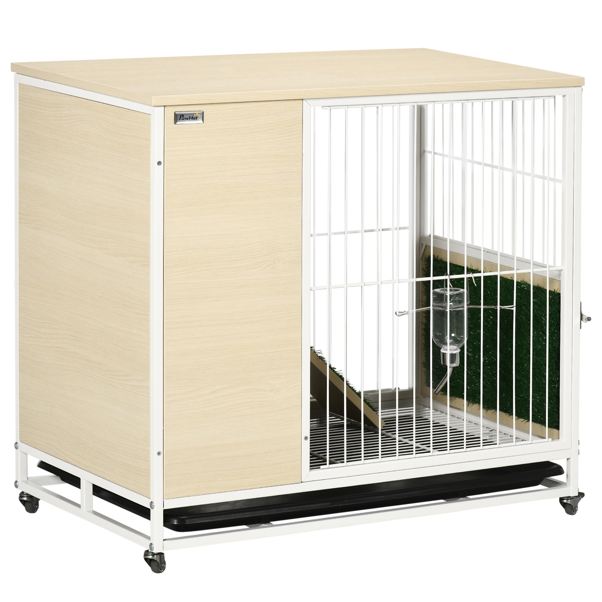 PawHut Indoor Rabbit Hutch Furniture with Wheels, Bunny Cage Side Table with Removable Tray, Water Bottle, Top Access, Oak, 31" x 21" x 30"
