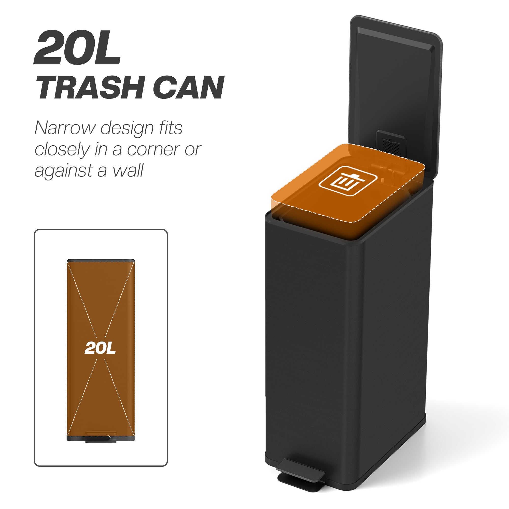 HOMCOM 5.3 Gallon/20 L Garbage Can, Fingerprint-proof Stainless Steel Kitchen Trash Can with Soft-close Lid and Foot Pedal, Slim Garbage Bin for Living Room, Home Office, Black