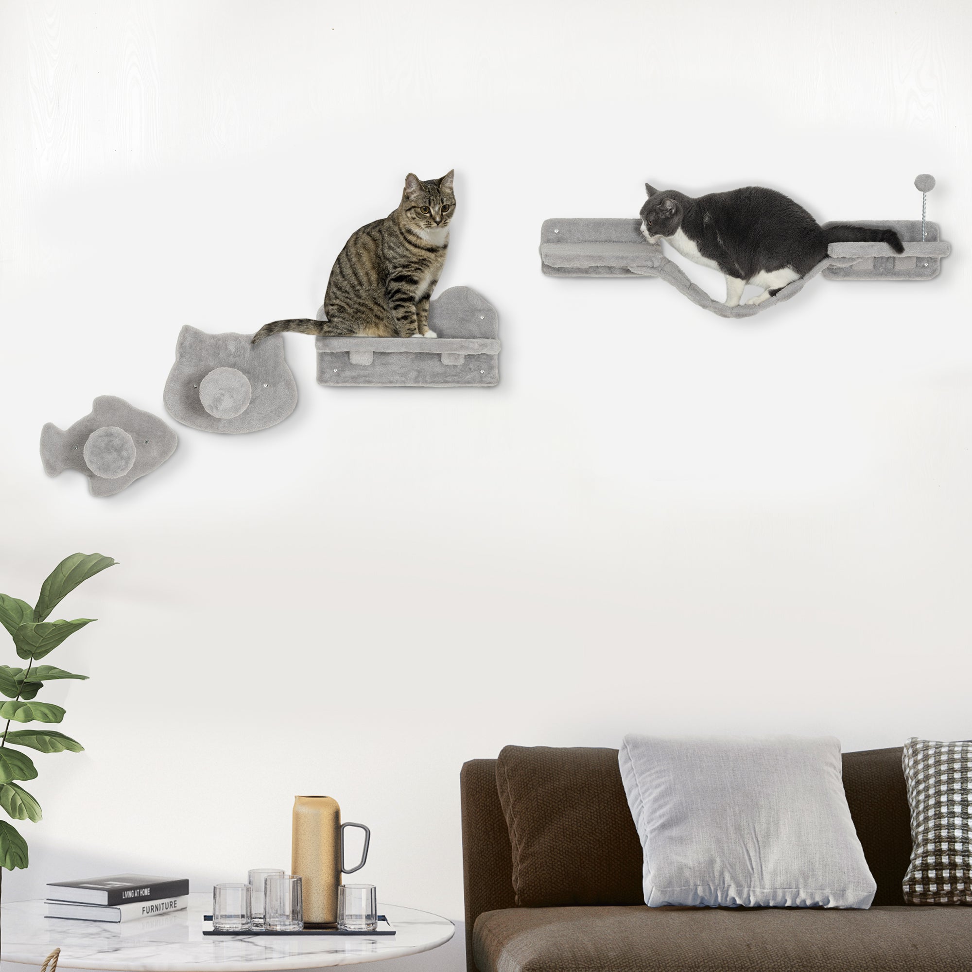 PawHut 4-Piece Cat Wall Shelf Set with Scratching Post, Steps, Bridge, Platforms, Cat Climber Shelves for Indoor Kittens, Light Grey