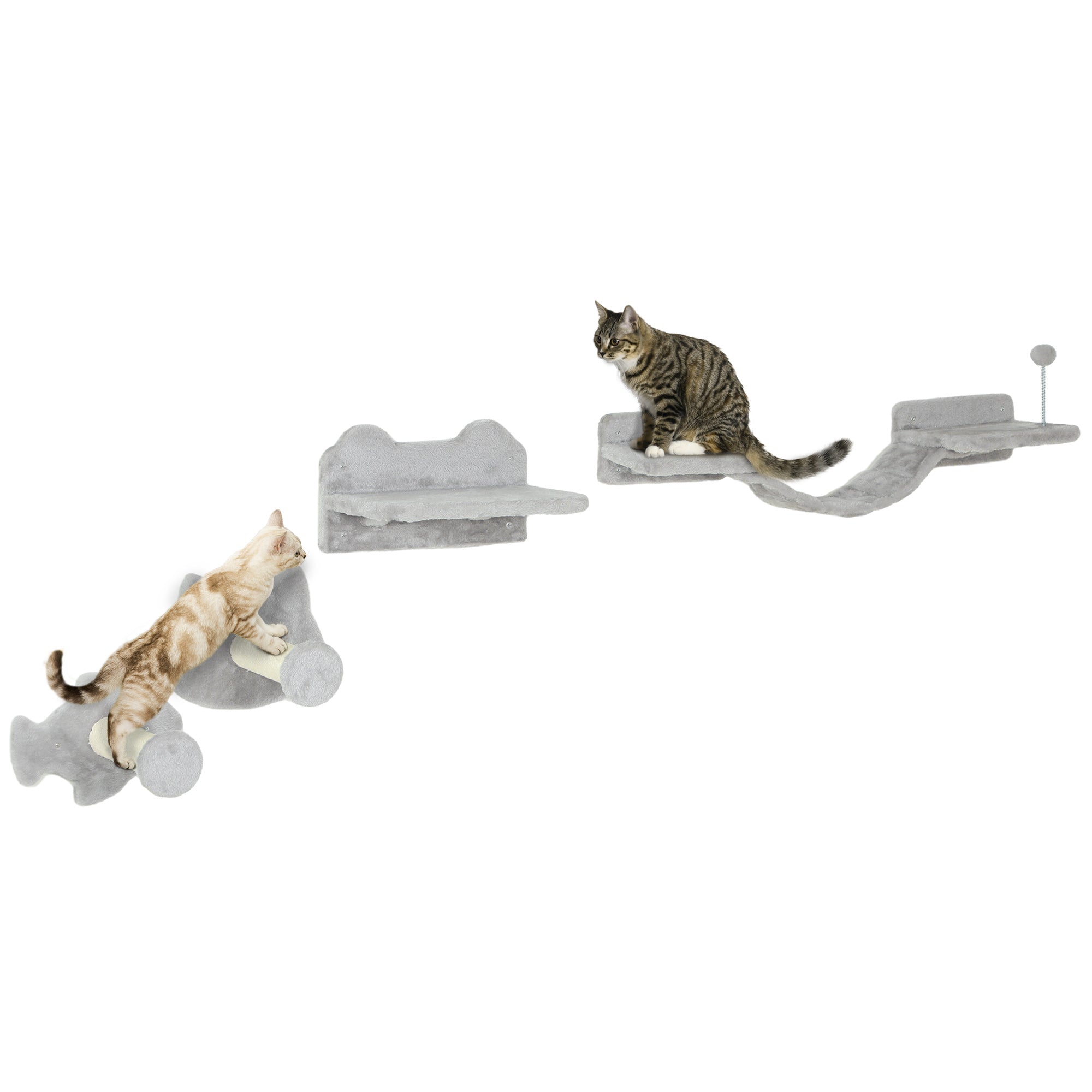 PawHut 4-Piece Cat Wall Shelf Set with Scratching Post, Steps, Bridge, Platforms, Cat Climber Shelves for Indoor Kittens, Light Grey