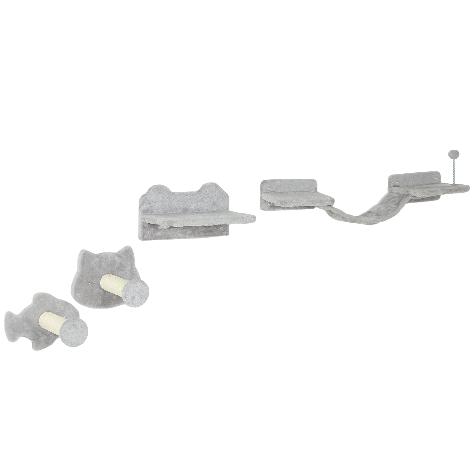 PawHut 4-Piece Cat Wall Shelf Set with Scratching Post, Steps, Bridge, Platforms, Cat Climber Shelves for Indoor Kittens, Light Grey