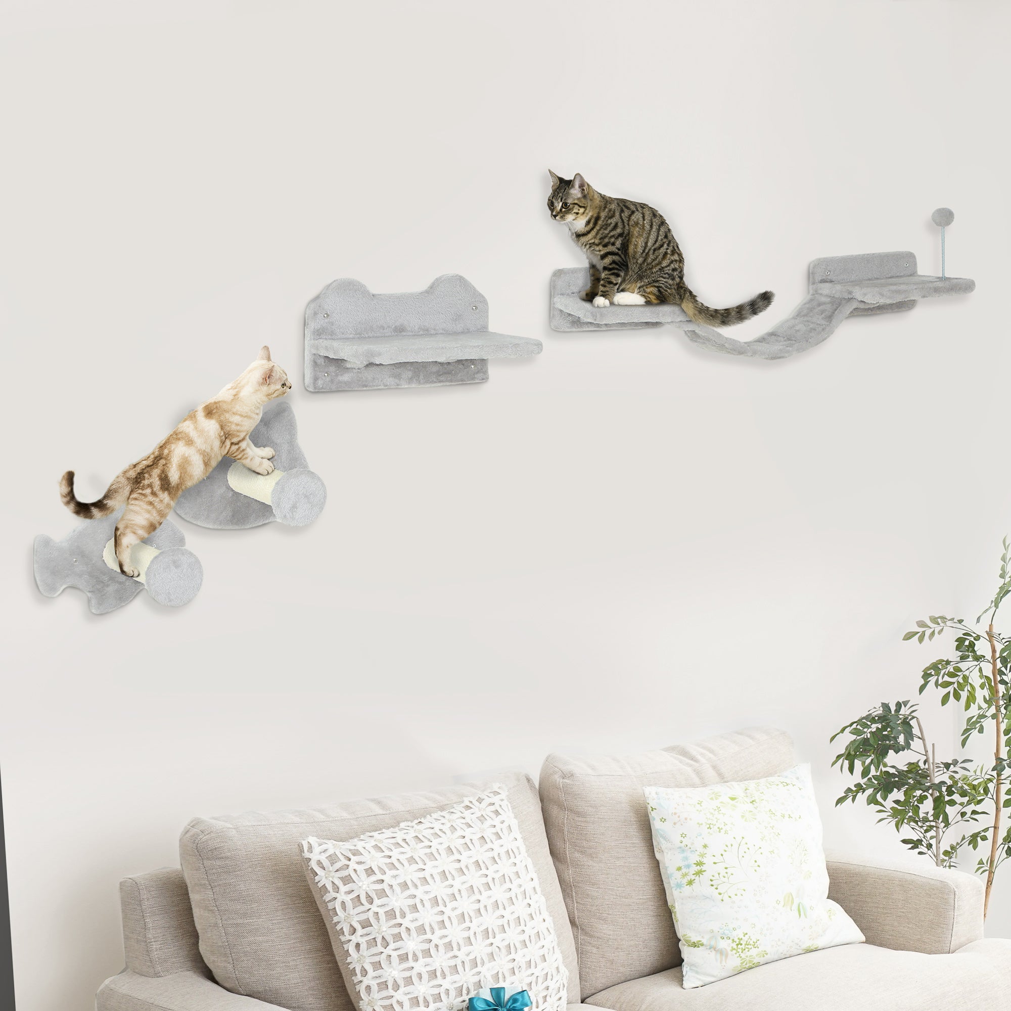 PawHut 4-Piece Cat Wall Shelf Set with Scratching Post, Steps, Bridge, Platforms, Cat Climber Shelves for Indoor Kittens, Light Grey