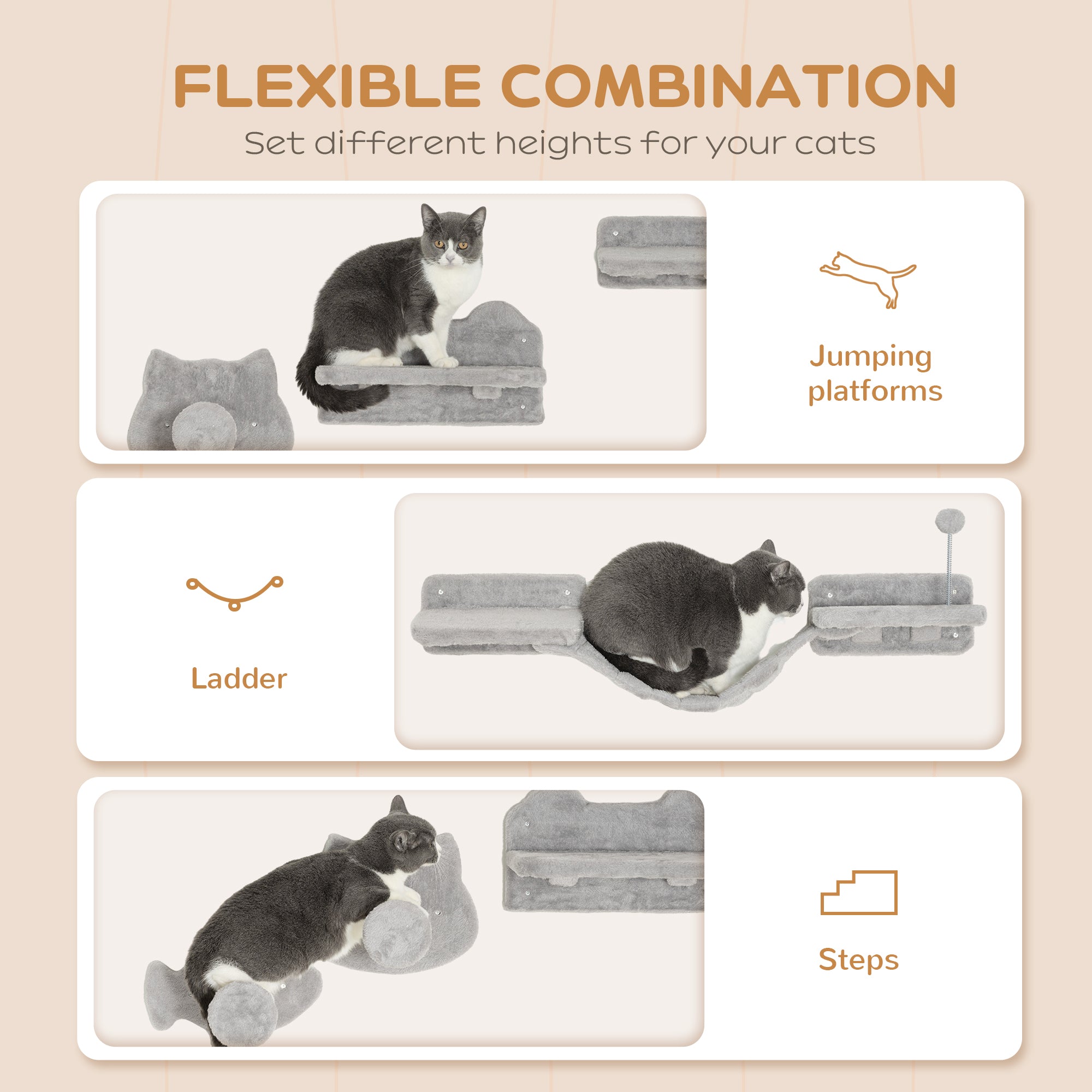 PawHut 4-Piece Cat Wall Shelf Set with Scratching Post, Steps, Bridge, Platforms, Cat Climber Shelves for Indoor Kittens, Light Grey