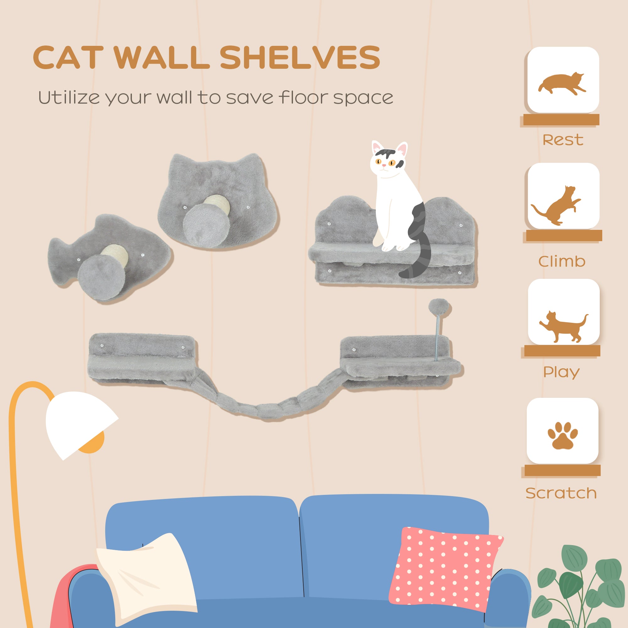 PawHut 4-Piece Cat Wall Shelf Set with Scratching Post, Steps, Bridge, Platforms, Cat Climber Shelves for Indoor Kittens, Light Grey