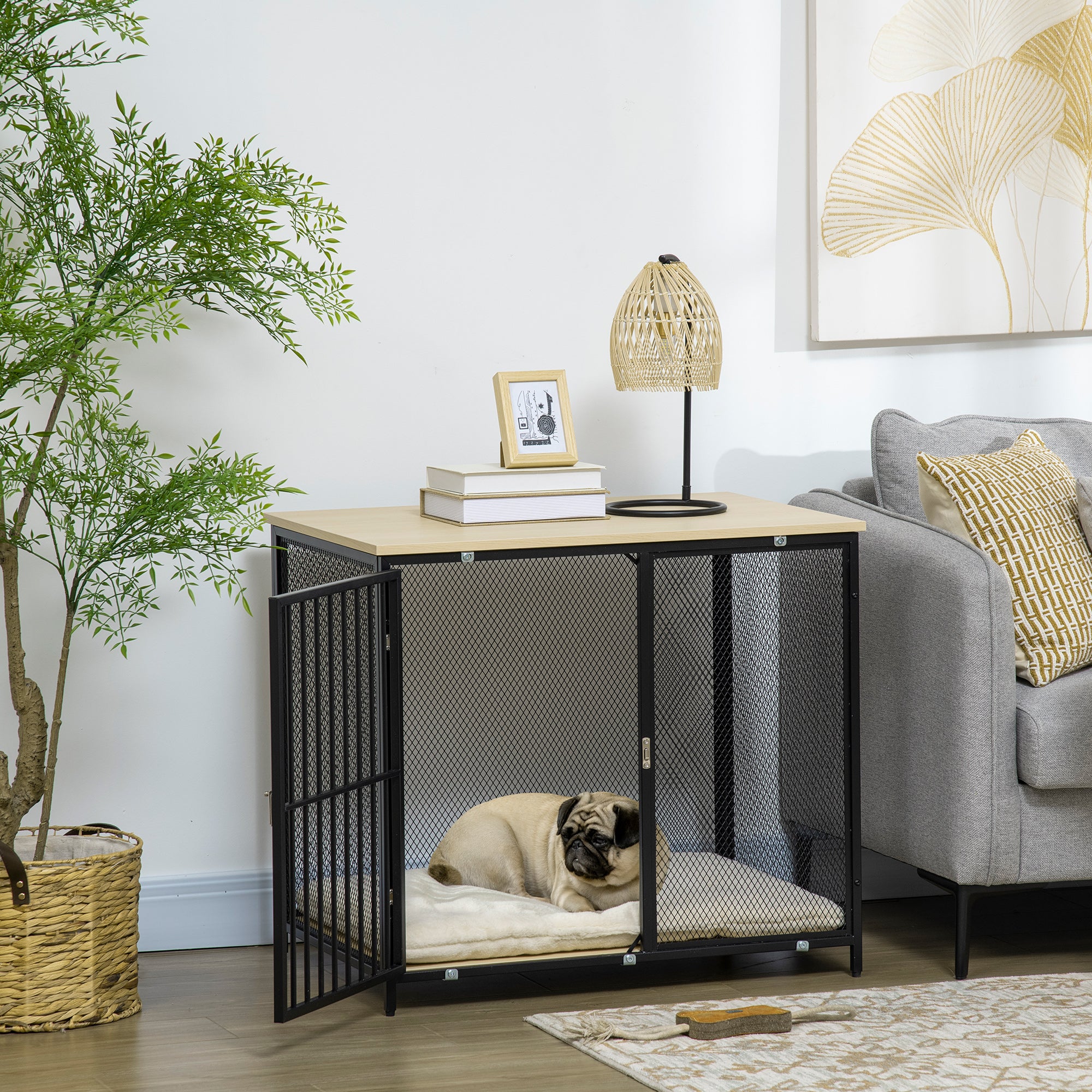 PawHut Dog Crate Furniture Side End Table Indoor Dog Kennel w/ Soft Washable Cushion, Wire Mesh, for Small and Medium Dogs