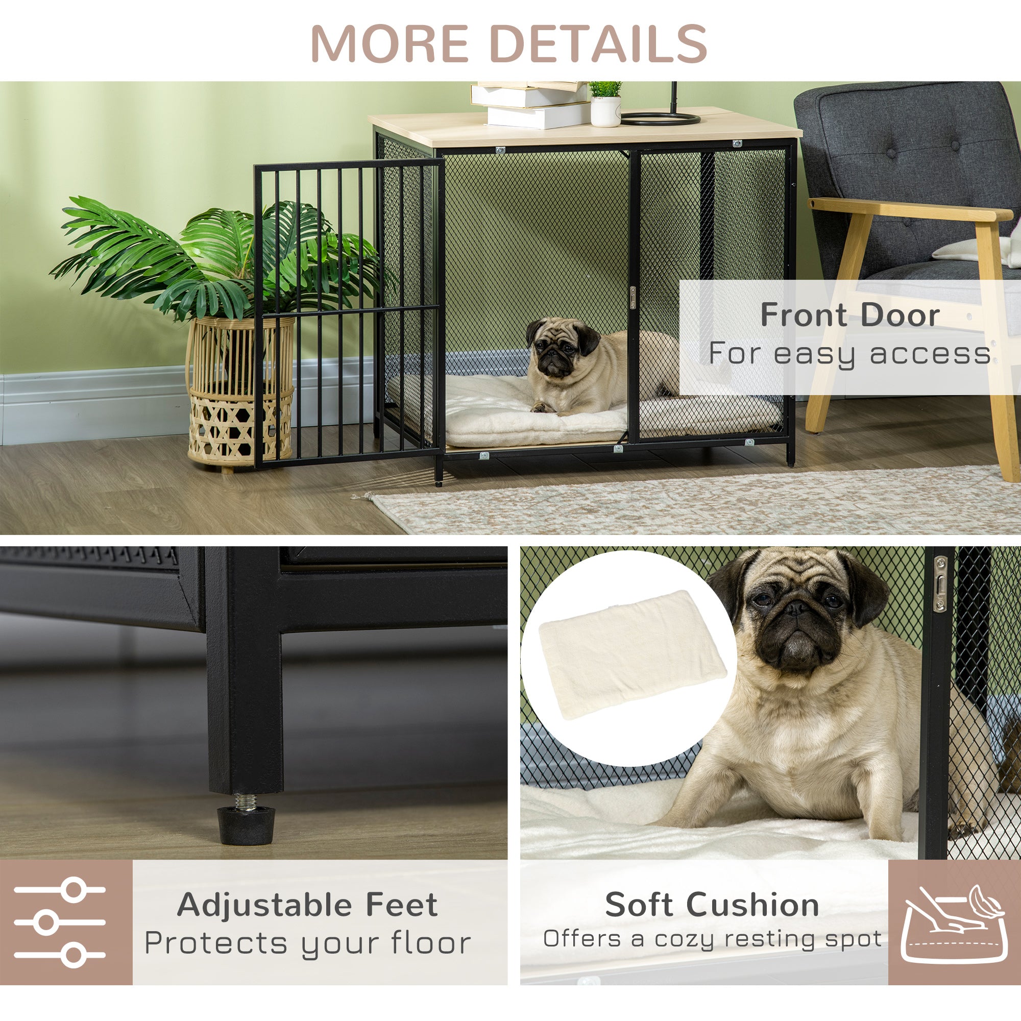 PawHut Dog Crate Furniture Side End Table Indoor Dog Kennel w/ Soft Washable Cushion, Wire Mesh, for Small and Medium Dogs