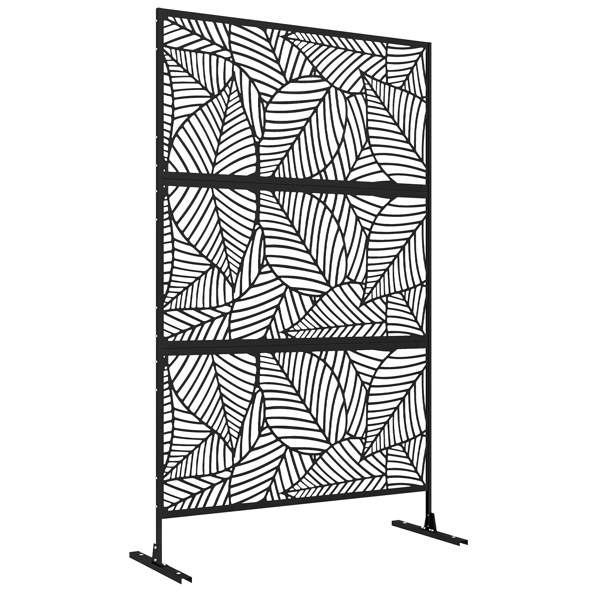 Outsunny Metal Outdoor Privacy Screen, Decorative Outdoor Divider with Stand and Expansion Screws, Freestanding Privacy Panel for Garden, Backyard, Deck, Large Leaf Style, Black