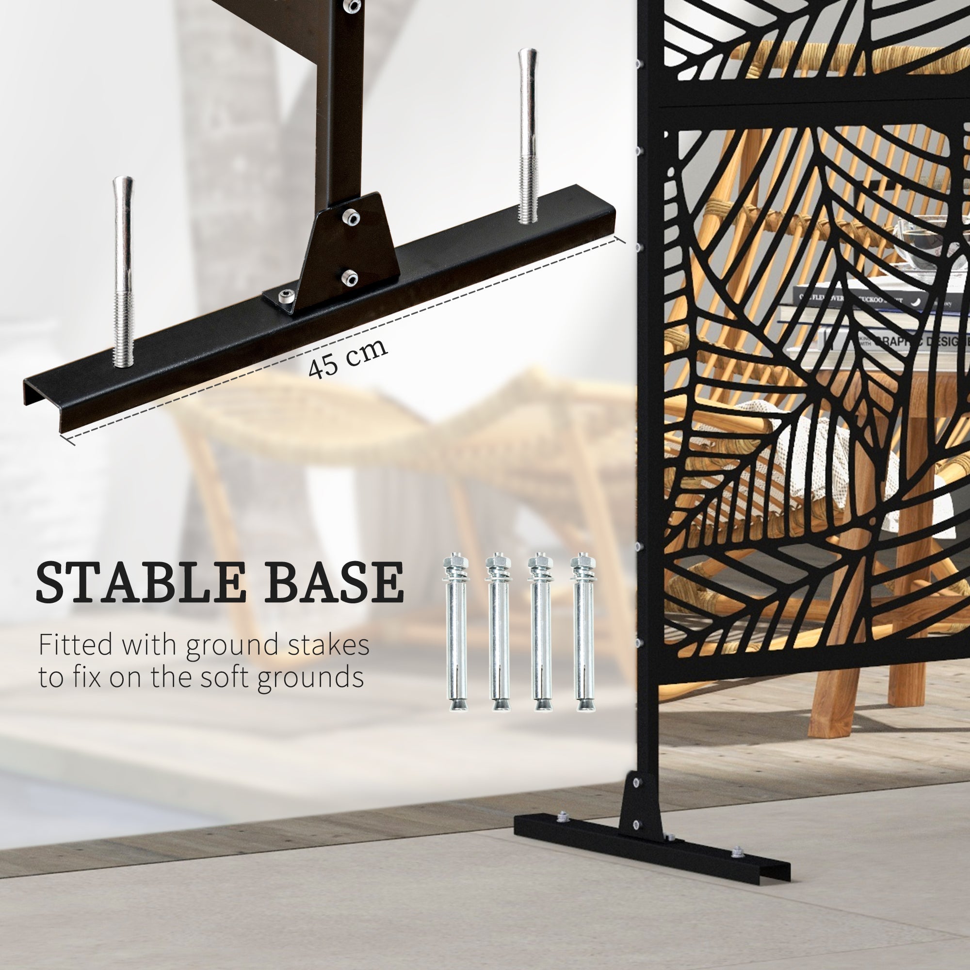 Outsunny Metal Outdoor Privacy Screen, Decorative Outdoor Divider with Stand and Expansion Screws, Freestanding Privacy Panel for Garden, Backyard, Deck, Large Leaf Style, Black