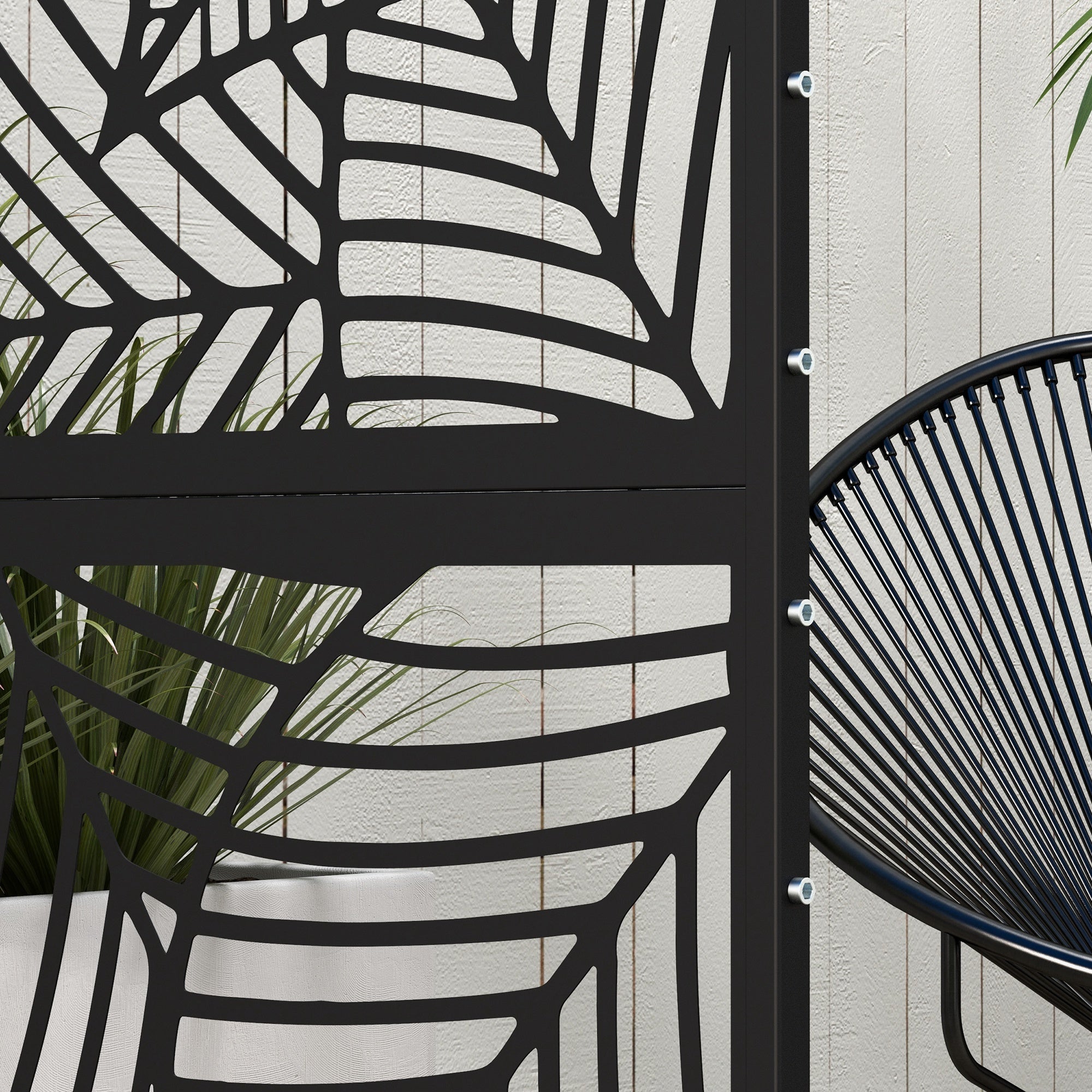 Outsunny Metal Outdoor Privacy Screen, Decorative Outdoor Divider with Stand and Expansion Screws, Freestanding Privacy Panel for Garden, Backyard, Deck, Large Leaf Style, Black