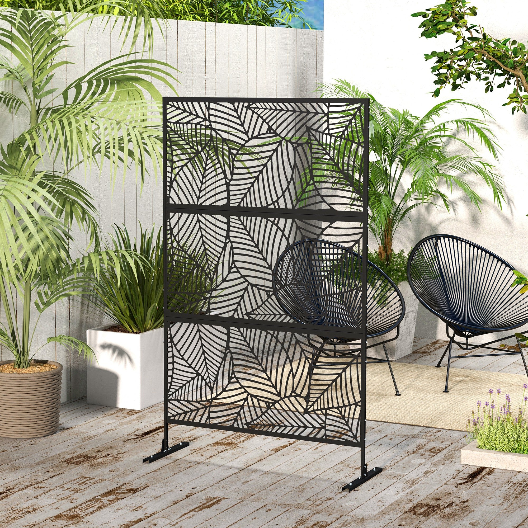 Outsunny Metal Outdoor Privacy Screen, Decorative Outdoor Divider with Stand and Expansion Screws, Freestanding Privacy Panel for Garden, Backyard, Deck, Large Leaf Style, Black
