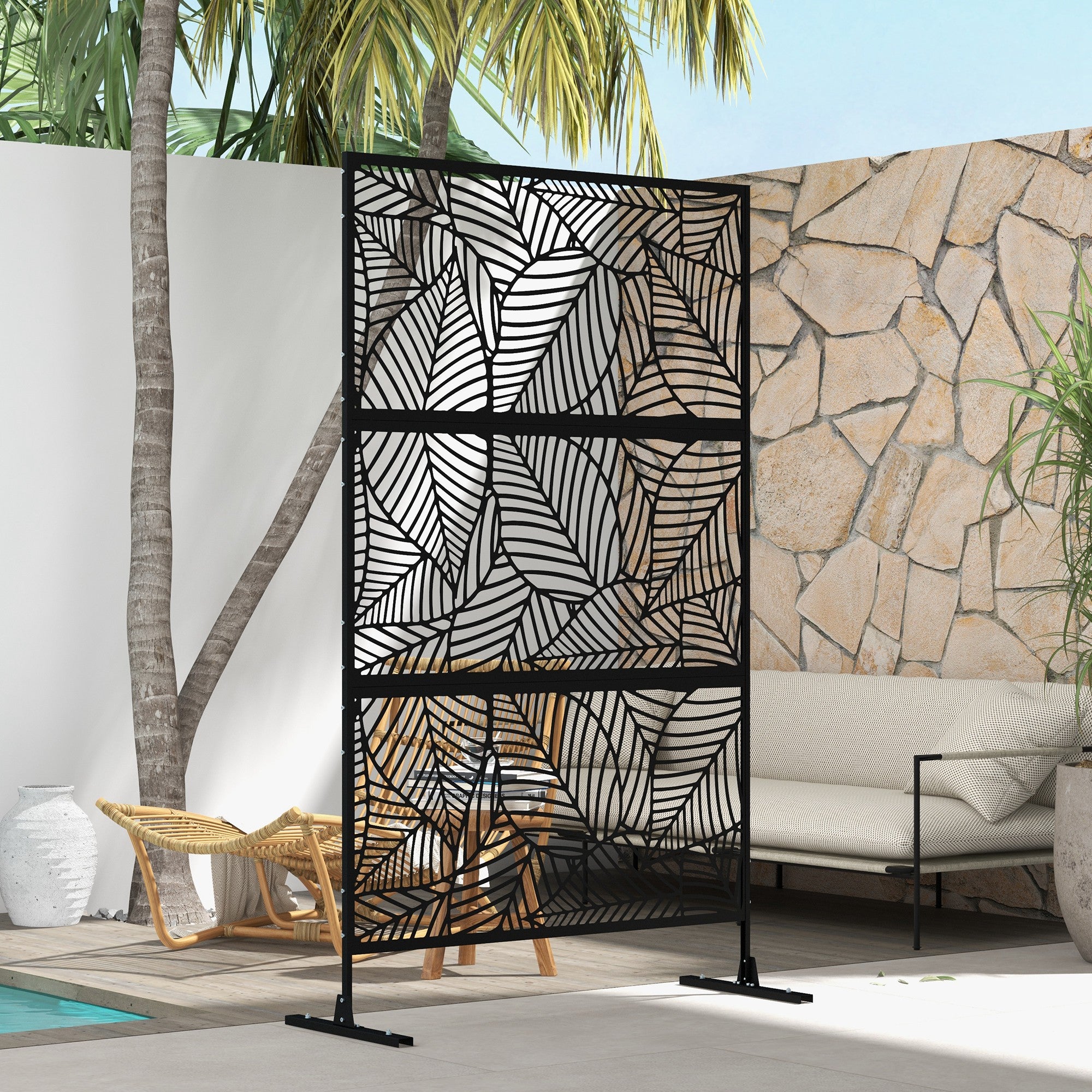 Outsunny Metal Outdoor Privacy Screen, Decorative Outdoor Divider with Stand and Expansion Screws, Freestanding Privacy Panel for Garden, Backyard, Deck, Large Leaf Style, Black