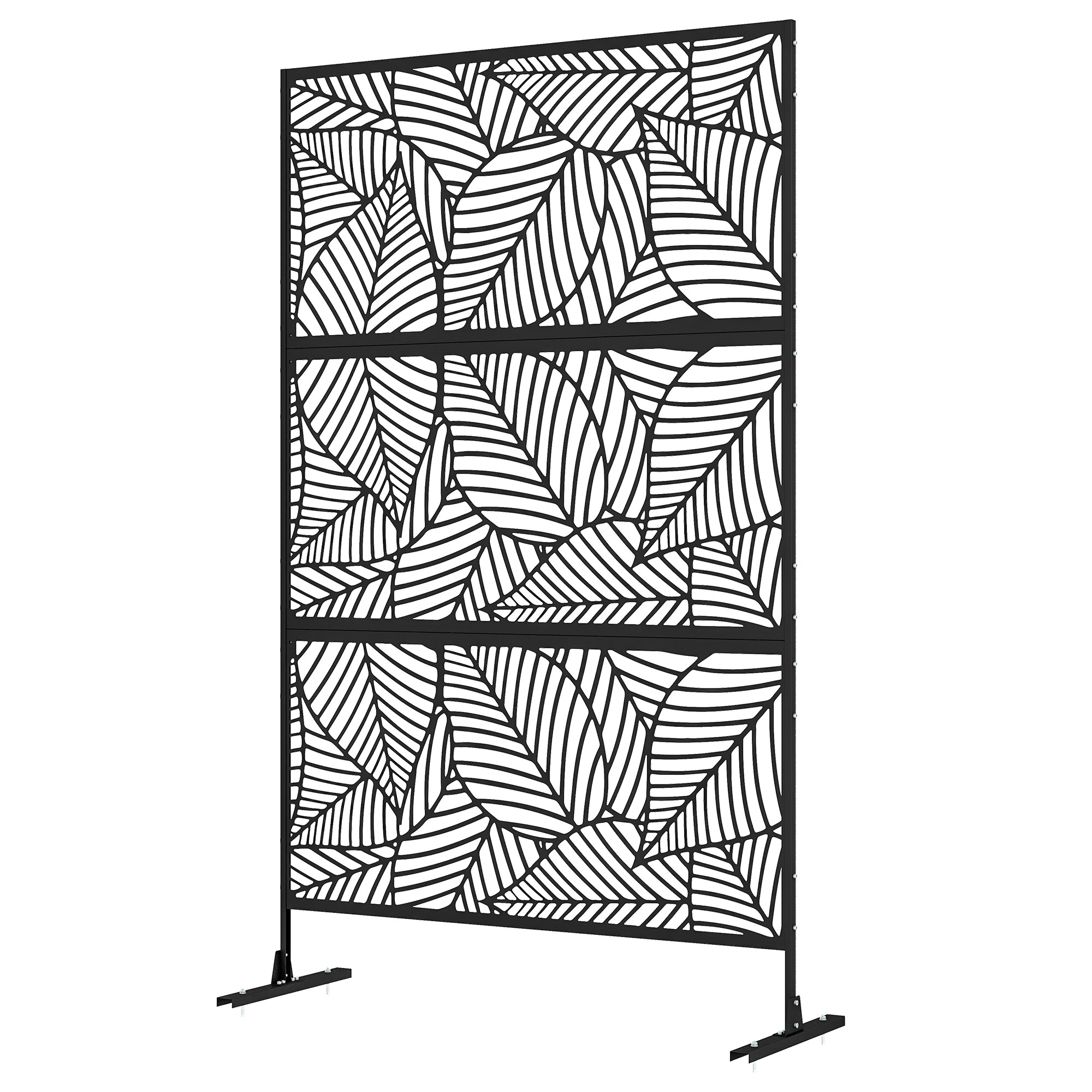 Outsunny Metal Outdoor Privacy Screen, Decorative Outdoor Divider with Stand and Expansion Screws, Freestanding Privacy Panel for Garden, Backyard, Deck, Large Leaf Style, Black