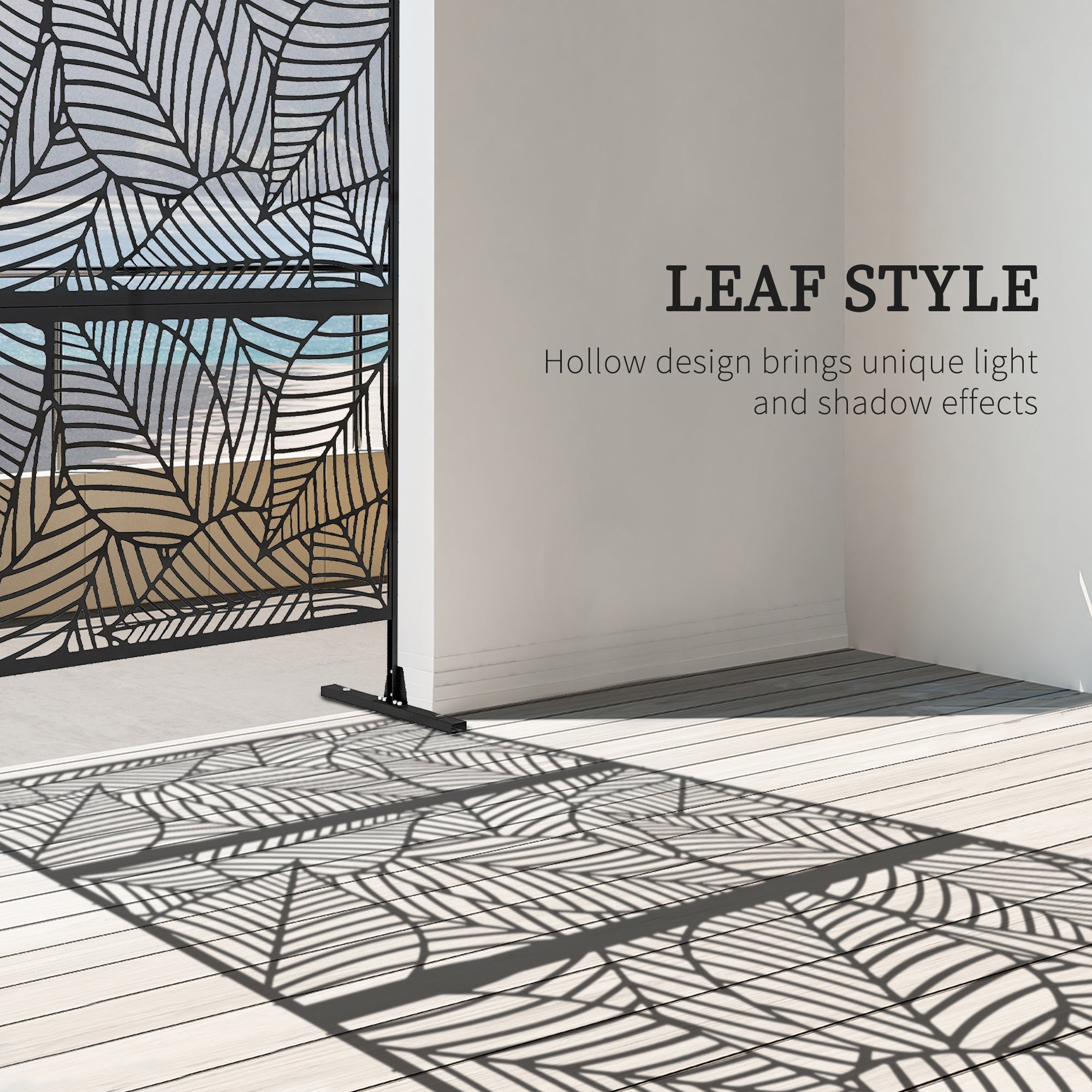 Outsunny Metal Outdoor Privacy Screen, Decorative Outdoor Divider with Stand and Expansion Screws, Freestanding Privacy Panel for Garden, Backyard, Deck, Large Leaf Style, Black