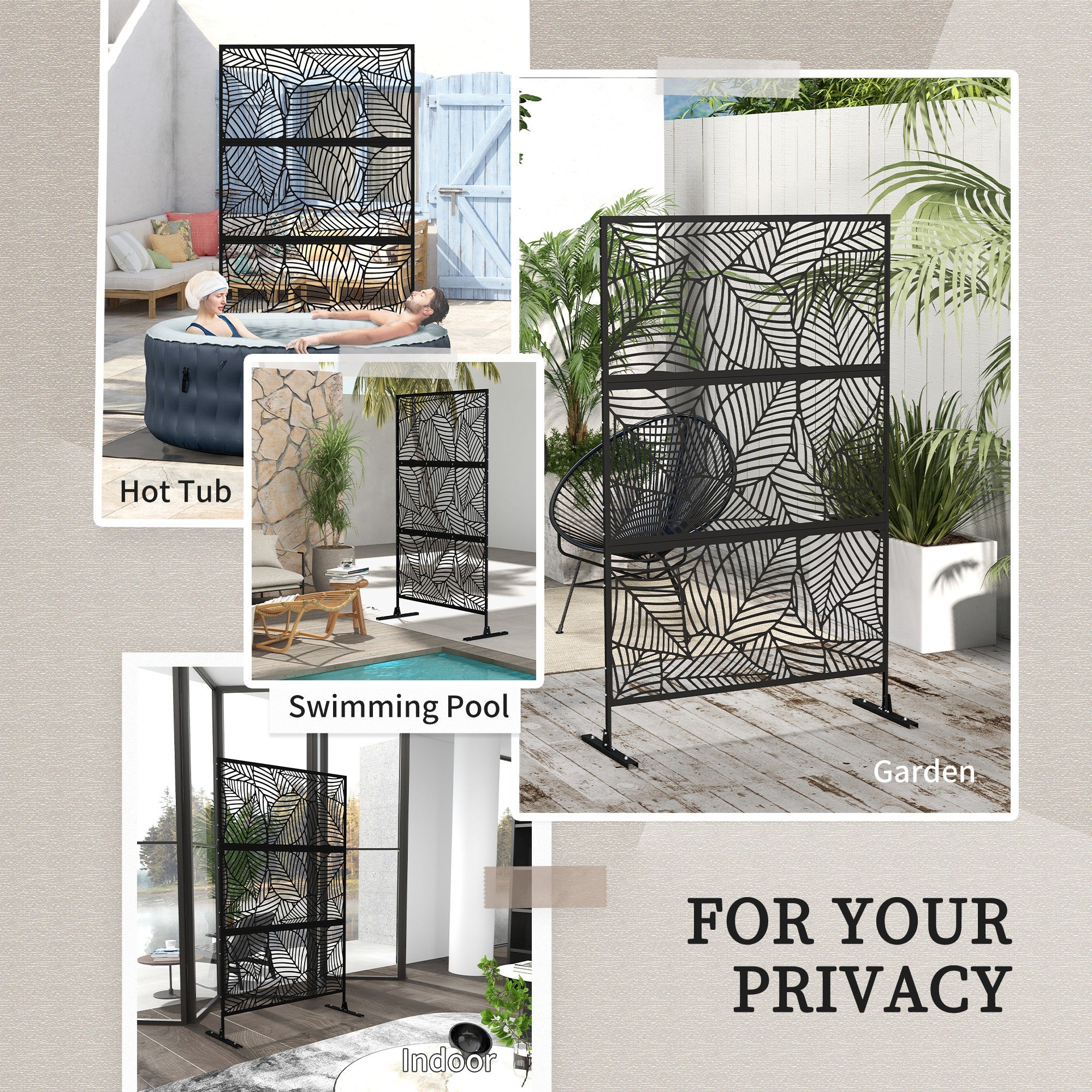 Outsunny Metal Outdoor Privacy Screen, Decorative Outdoor Divider with Stand and Expansion Screws, Freestanding Privacy Panel for Garden, Backyard, Deck, Large Leaf Style, Black