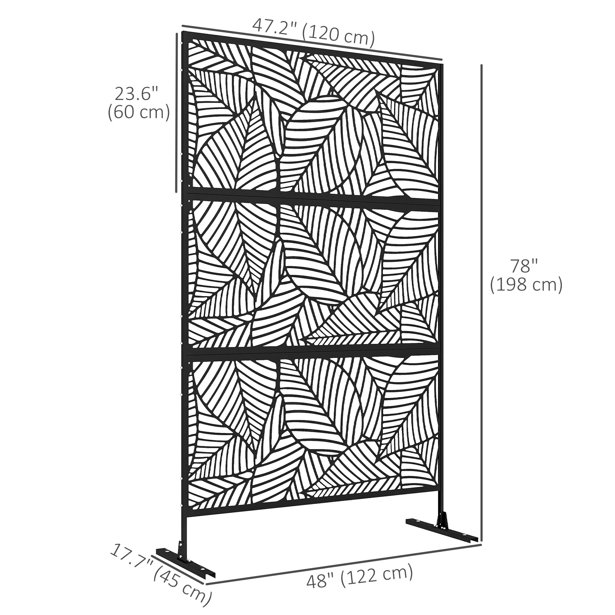Outsunny Metal Outdoor Privacy Screen, Decorative Outdoor Divider with Stand and Expansion Screws, Freestanding Privacy Panel for Garden, Backyard, Deck, Large Leaf Style, Black
