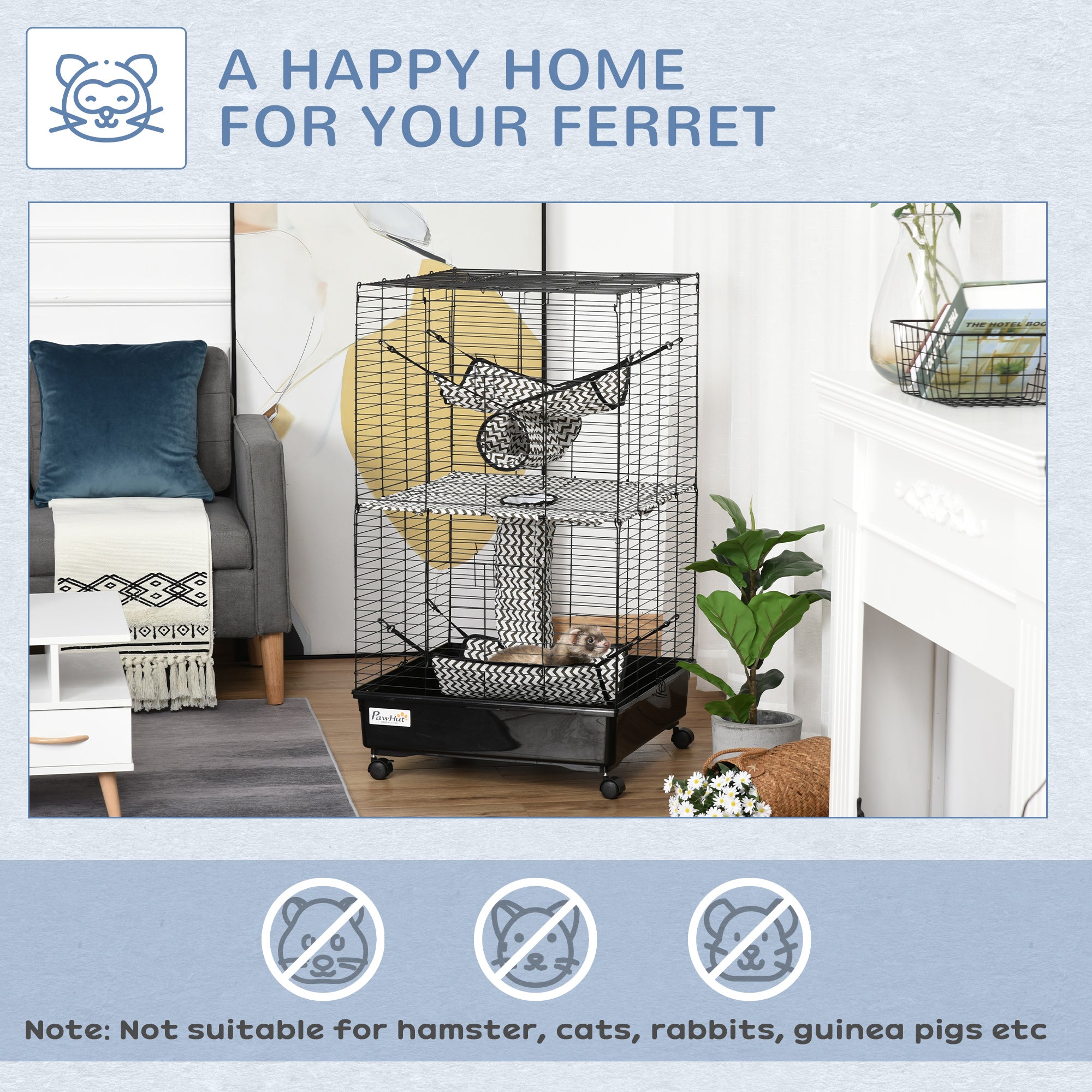 PawHut Small Animal Cage Ferret Cage with Wheels Hammocks Tunnels and 3 Doors Black