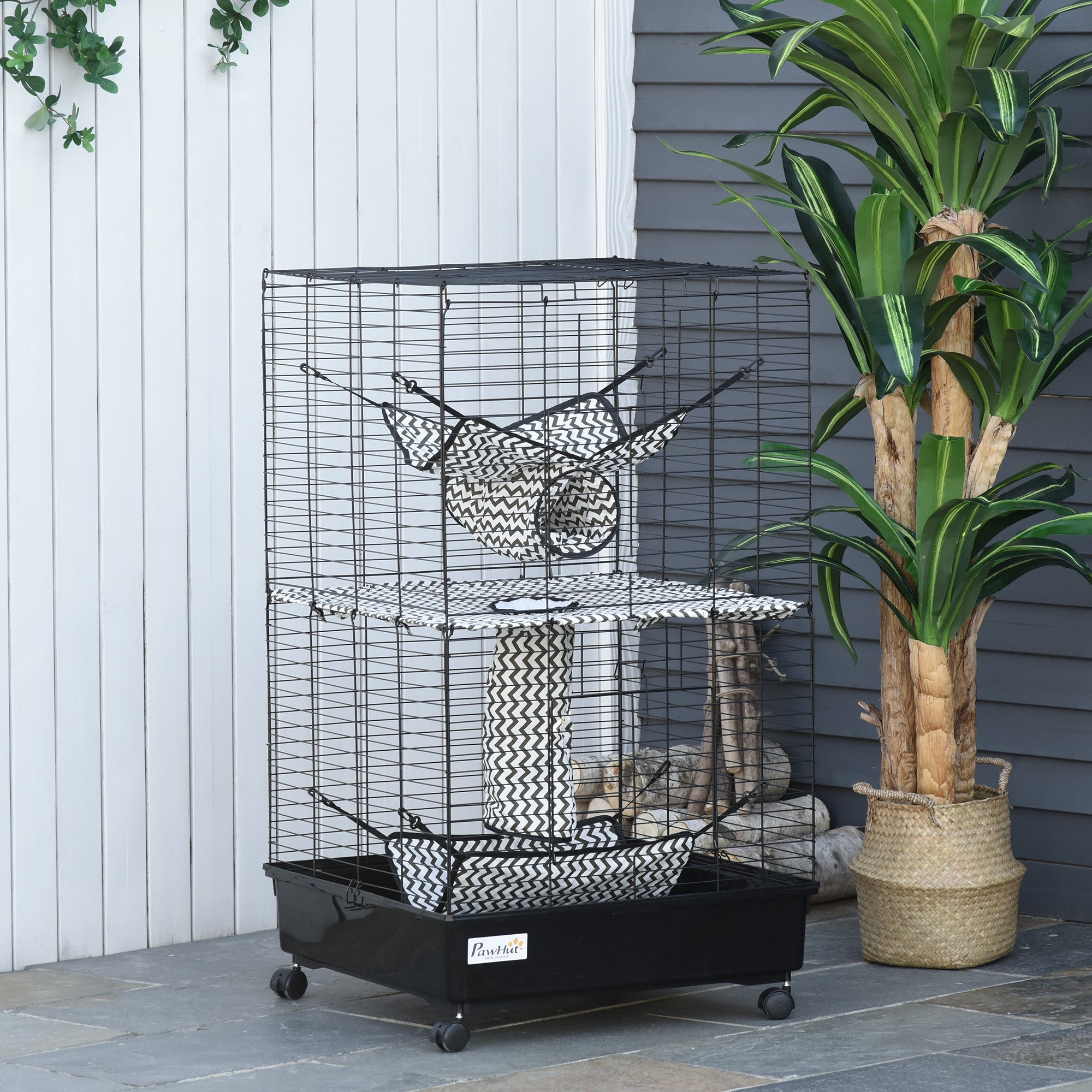 PawHut Small Animal Cage Ferret Cage with Wheels Hammocks Tunnels and 3 Doors Black