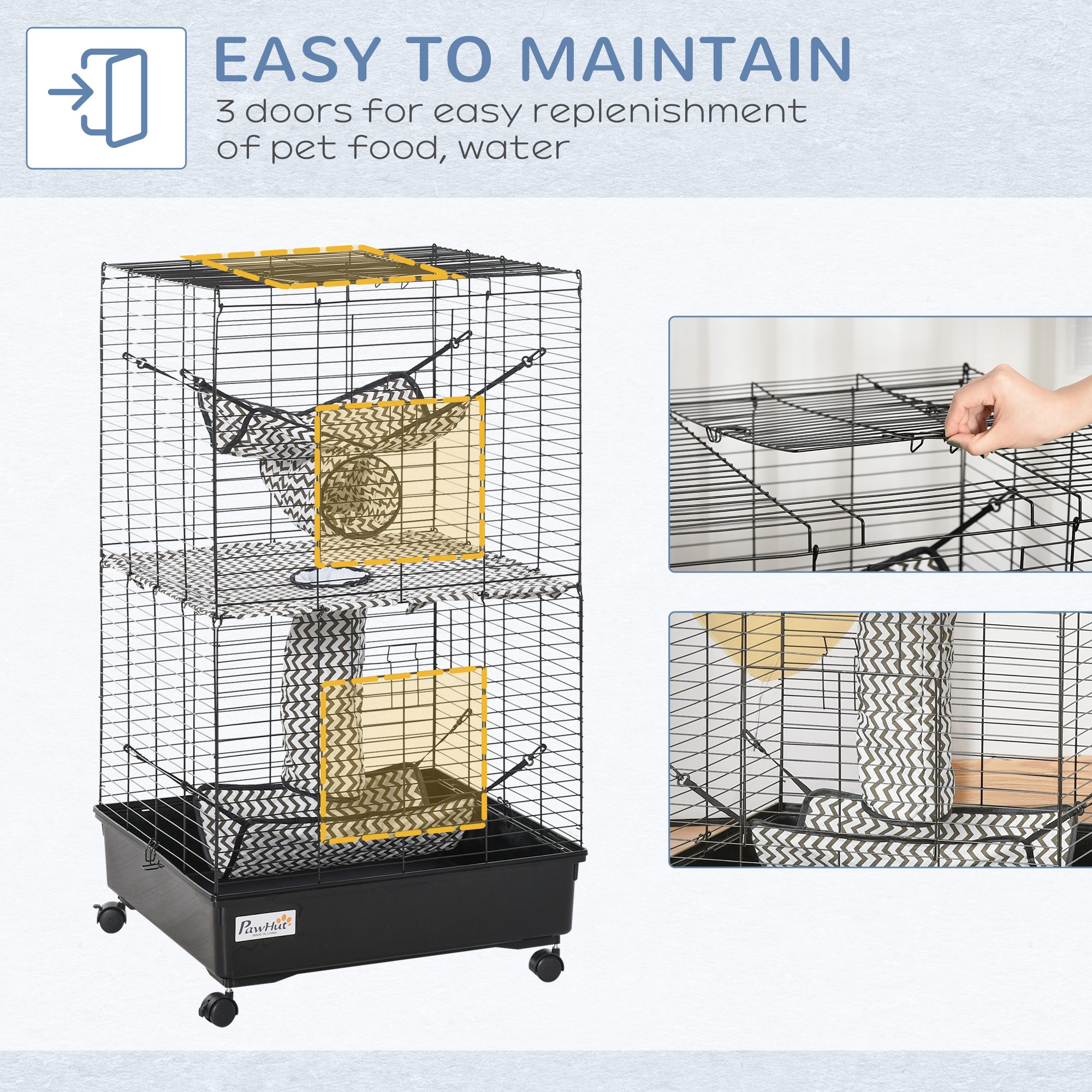 PawHut Small Animal Cage Ferret Cage with Wheels Hammocks Tunnels and 3 Doors Black