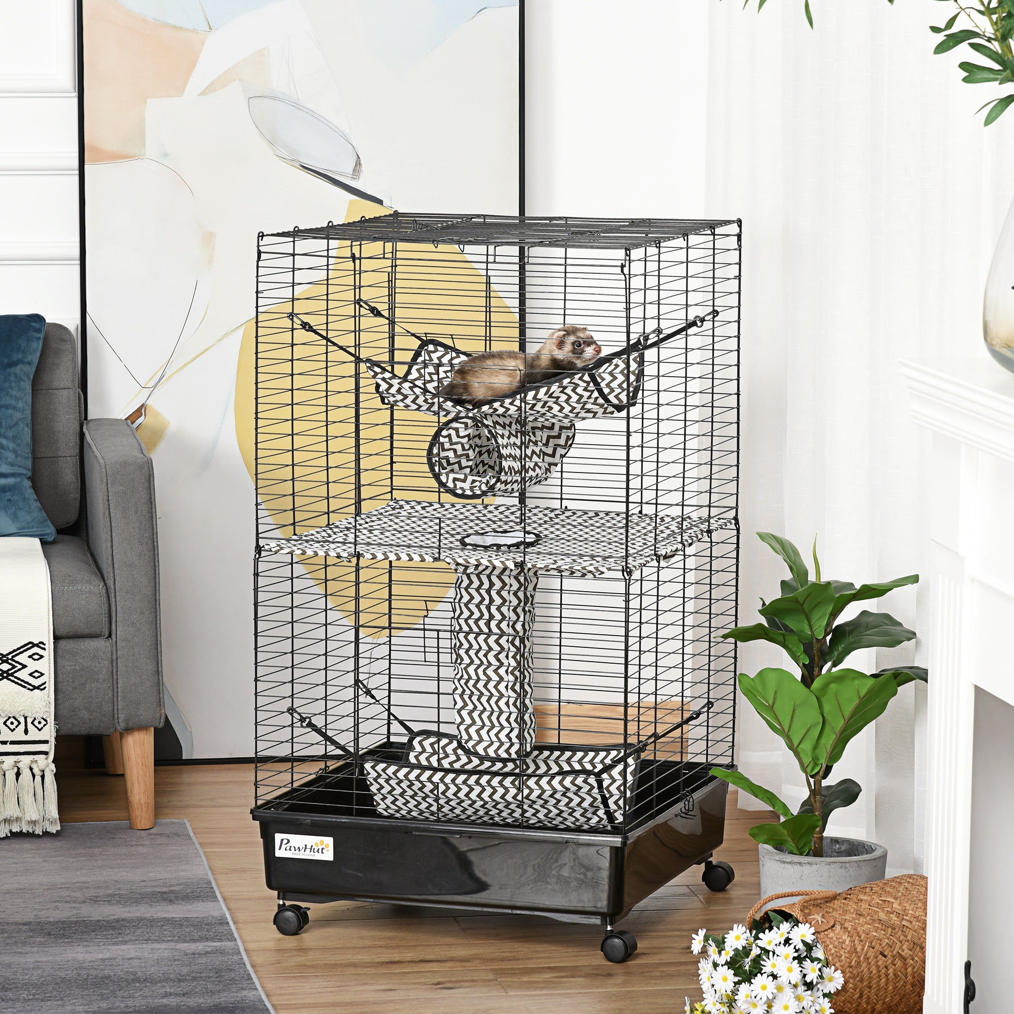 PawHut Small Animal Cage Ferret Cage with Wheels Hammocks Tunnels and 3 Doors Black