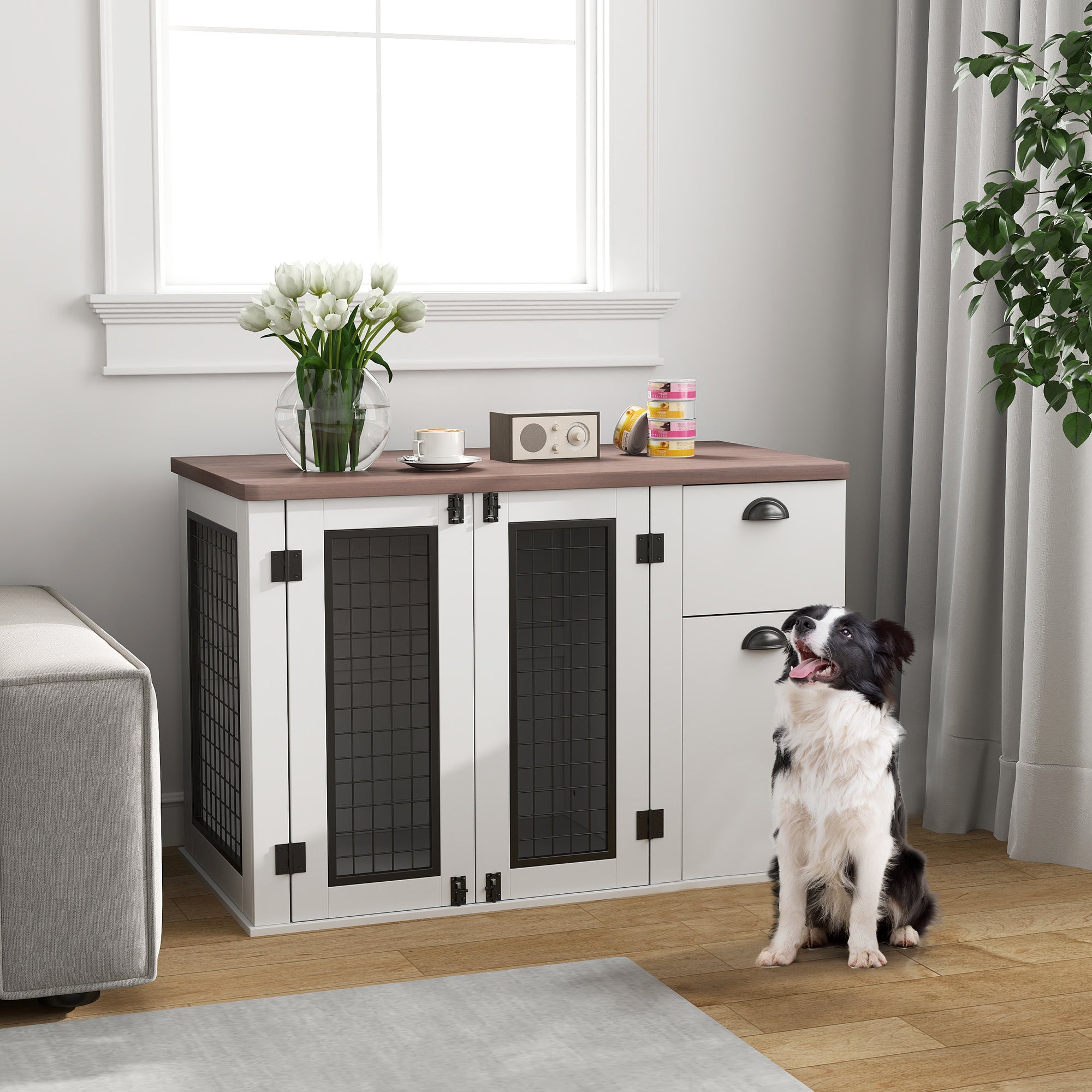 PawHut Dog Crate Furniture, 44" Dog Kennel Furniture with Double Doors, Storage, Drawer, Dog Cage for Medium Dogs, White