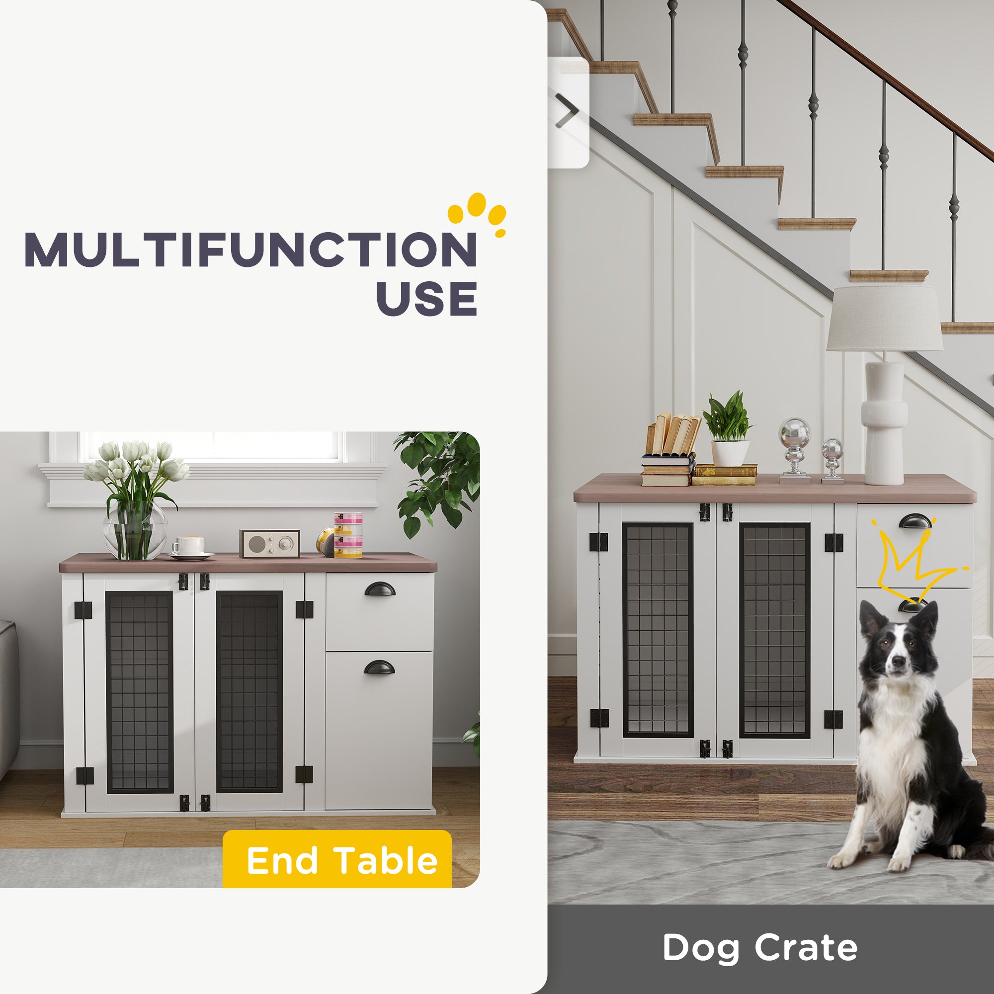 PawHut Dog Crate Furniture, 44" Dog Kennel Furniture with Double Doors, Storage, Drawer, Dog Cage for Medium Dogs, White