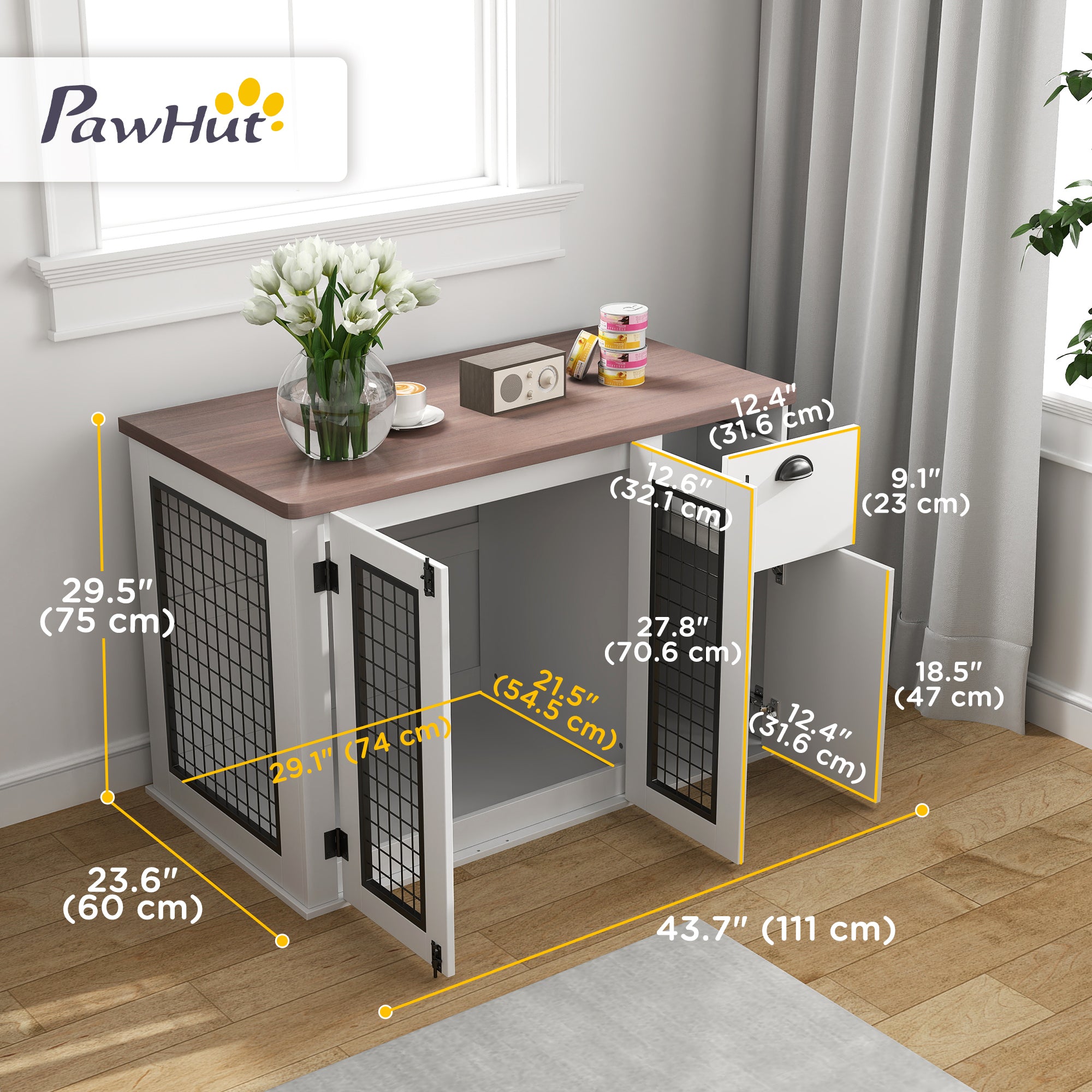 PawHut Dog Crate Furniture, 44" Dog Kennel Furniture with Double Doors, Storage, Drawer, Dog Cage for Medium Dogs, White
