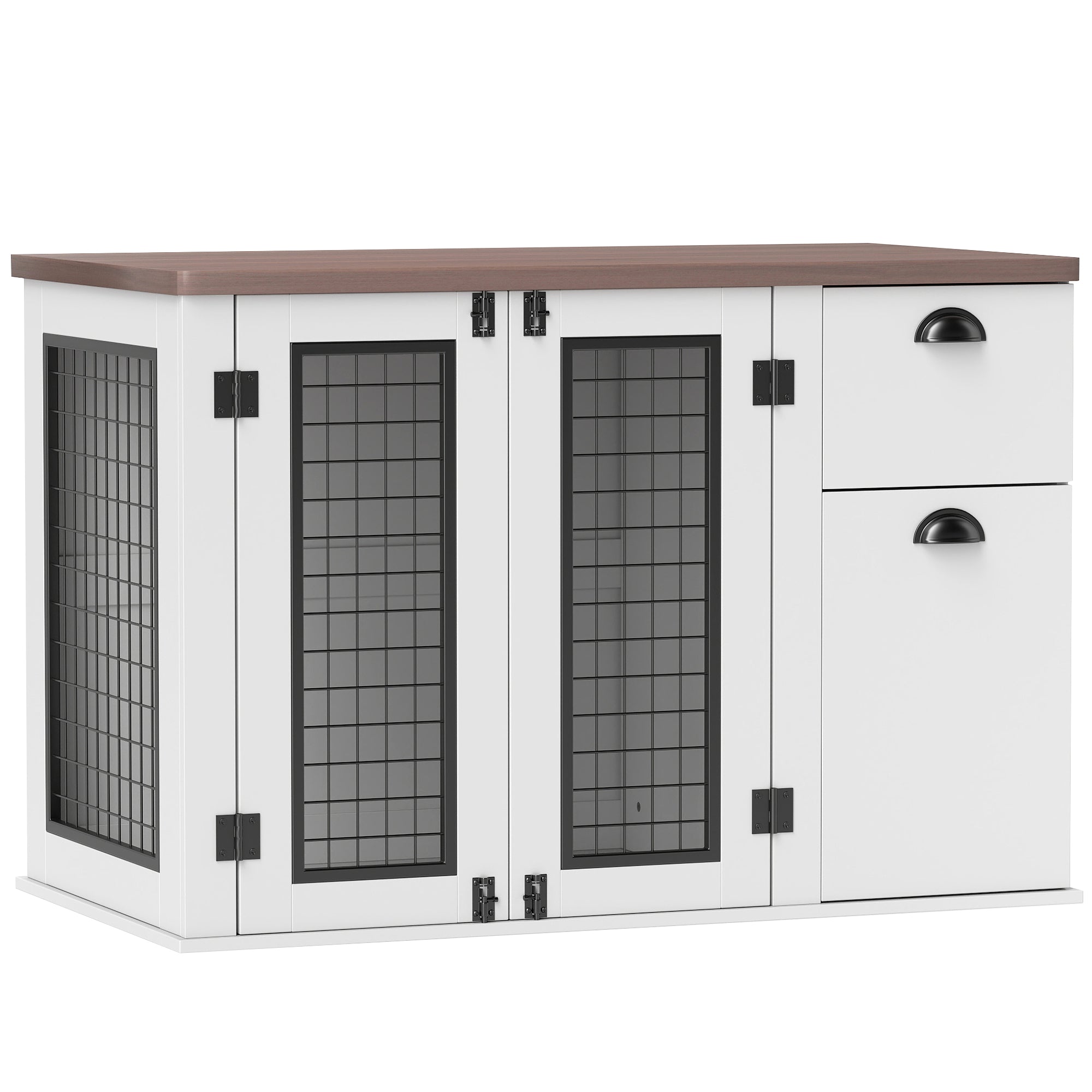 PawHut Dog Crate Furniture, 44" Dog Kennel Furniture with Double Doors, Storage, Drawer, Dog Cage for Medium Dogs, White