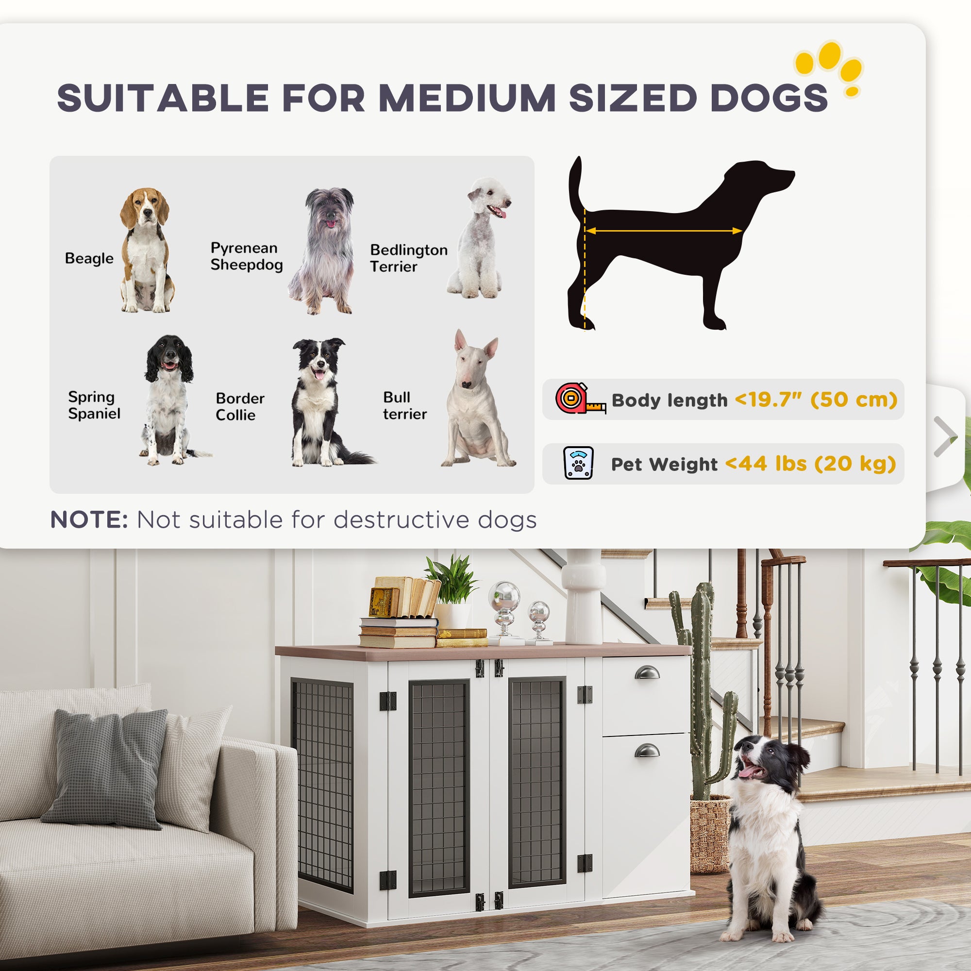 PawHut Dog Crate Furniture, 44" Dog Kennel Furniture with Double Doors, Storage, Drawer, Dog Cage for Medium Dogs, White