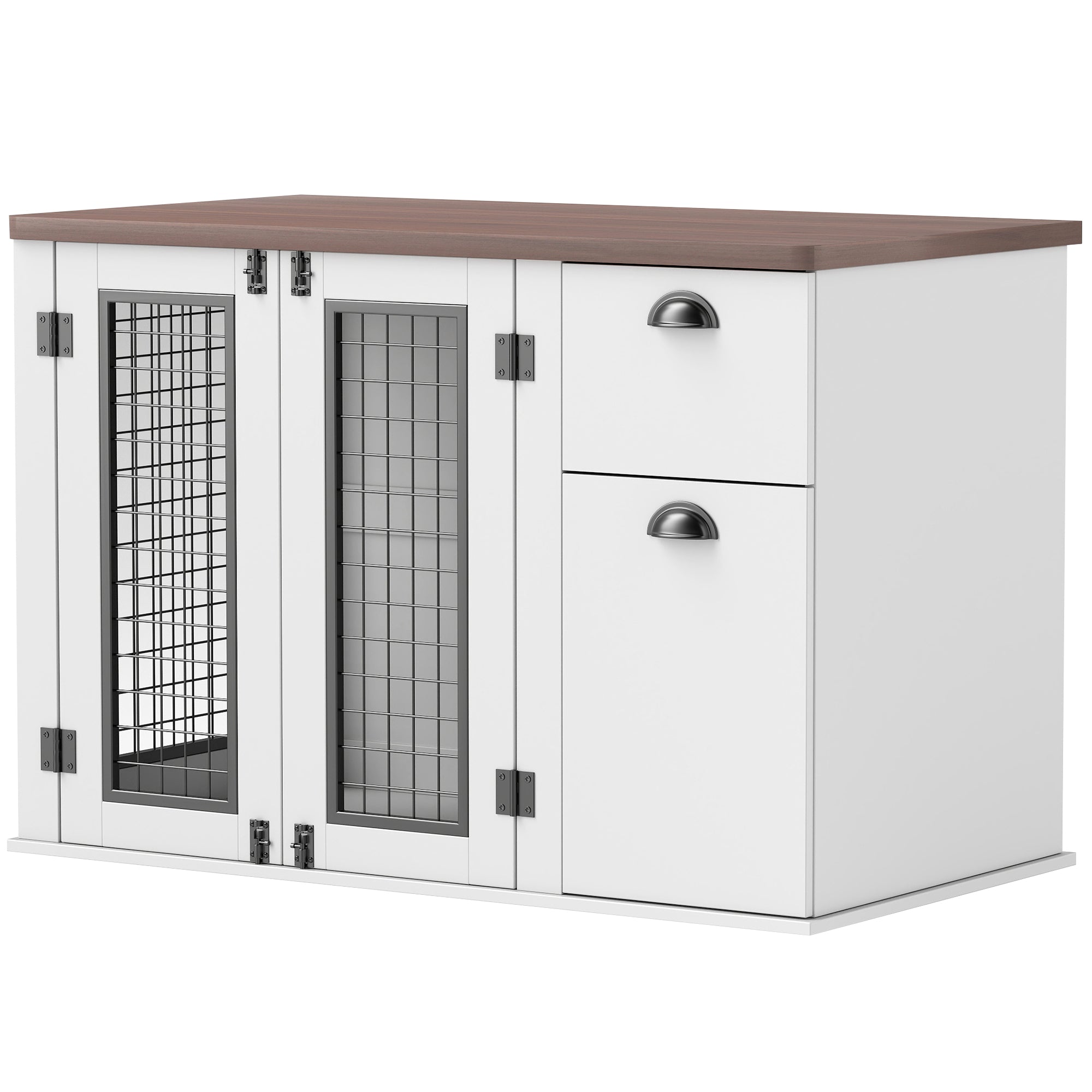 PawHut Dog Crate Furniture, 44" Dog Kennel Furniture with Double Doors, Storage, Drawer, Dog Cage for Medium Dogs, White