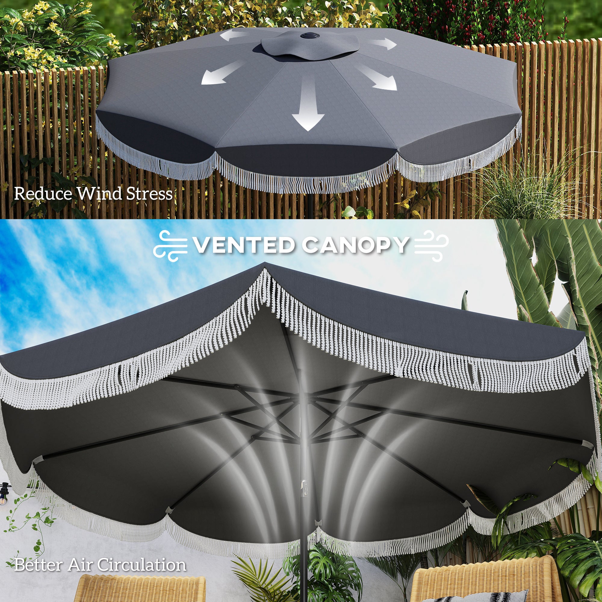 Outsunny 9FT Patio Umbrella Parasol, UPF 30+ Outdoor Market Umbrella with Crank, 8 Ribs, Push Button Tilt, Vented Patio Table Umbrella for Deck Backyard Lawn, Charcoal Grey