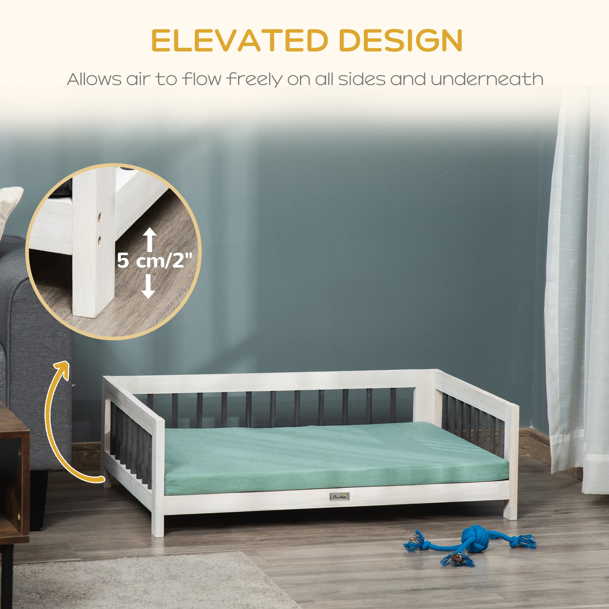 PawHut Elevated Dog Bed, Wooden Raised Pet Sofa, Portable Cat Lounge with Soft Cushion, Washable Cover for Medium Dogs and Cats, White Blue