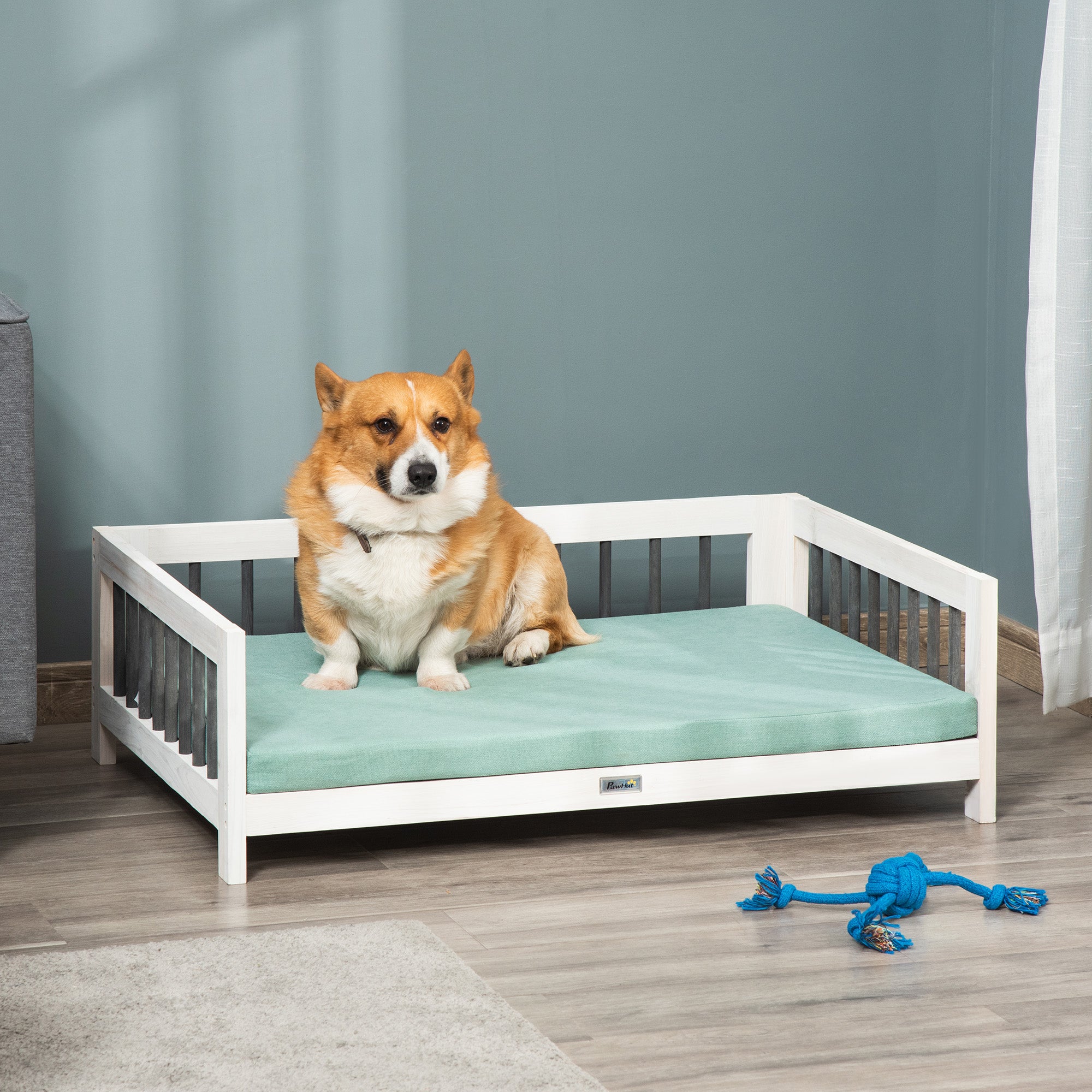 PawHut Elevated Dog Bed, Wooden Raised Pet Sofa, Portable Cat Lounge with Soft Cushion, Washable Cover for Medium Dogs and Cats, White Blue