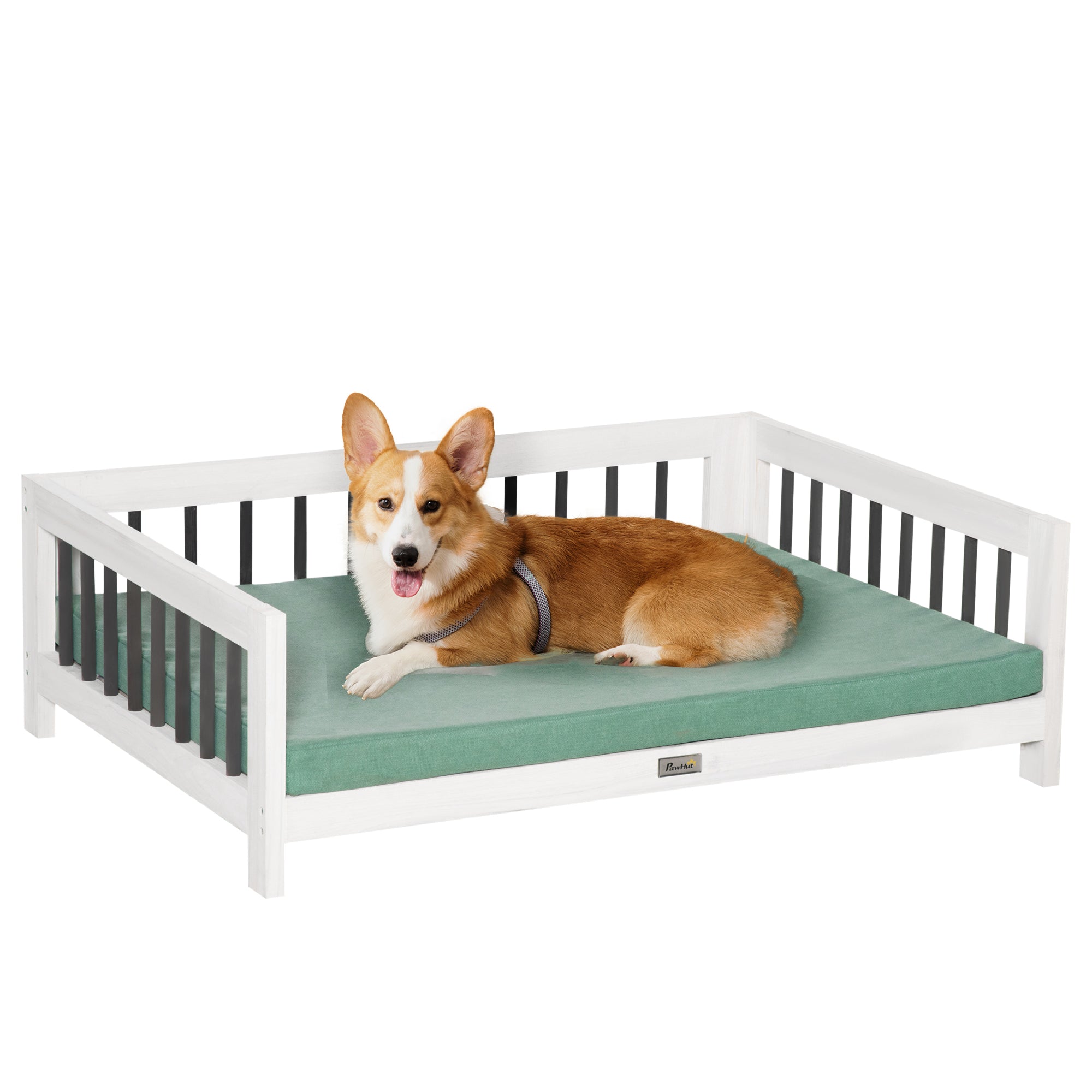 PawHut Elevated Dog Bed, Wooden Raised Pet Sofa, Portable Cat Lounge with Soft Cushion, Washable Cover for Medium Dogs and Cats, White Blue