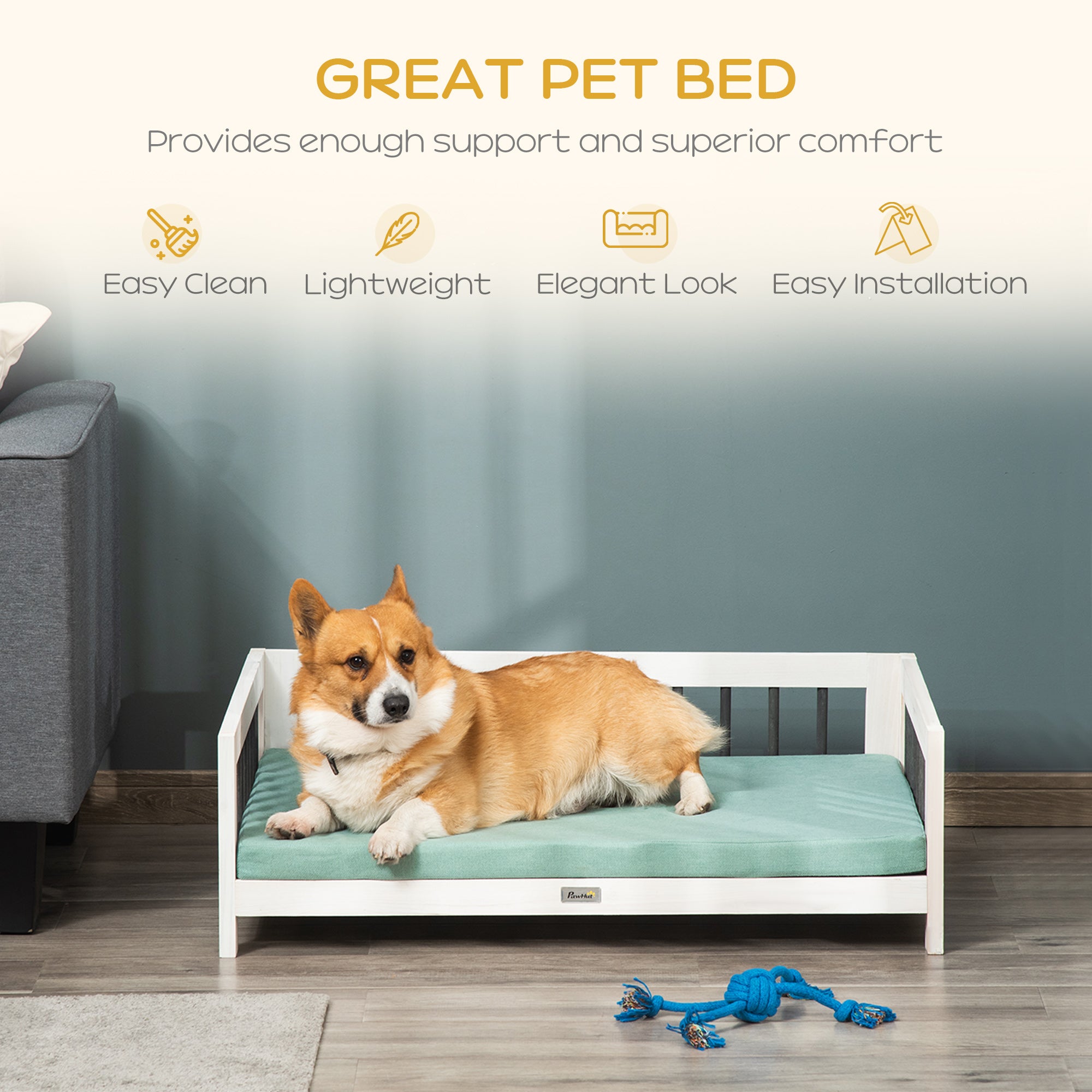 PawHut Elevated Dog Bed, Wooden Raised Pet Sofa, Portable Cat Lounge with Soft Cushion, Washable Cover for Medium Dogs and Cats, White Blue