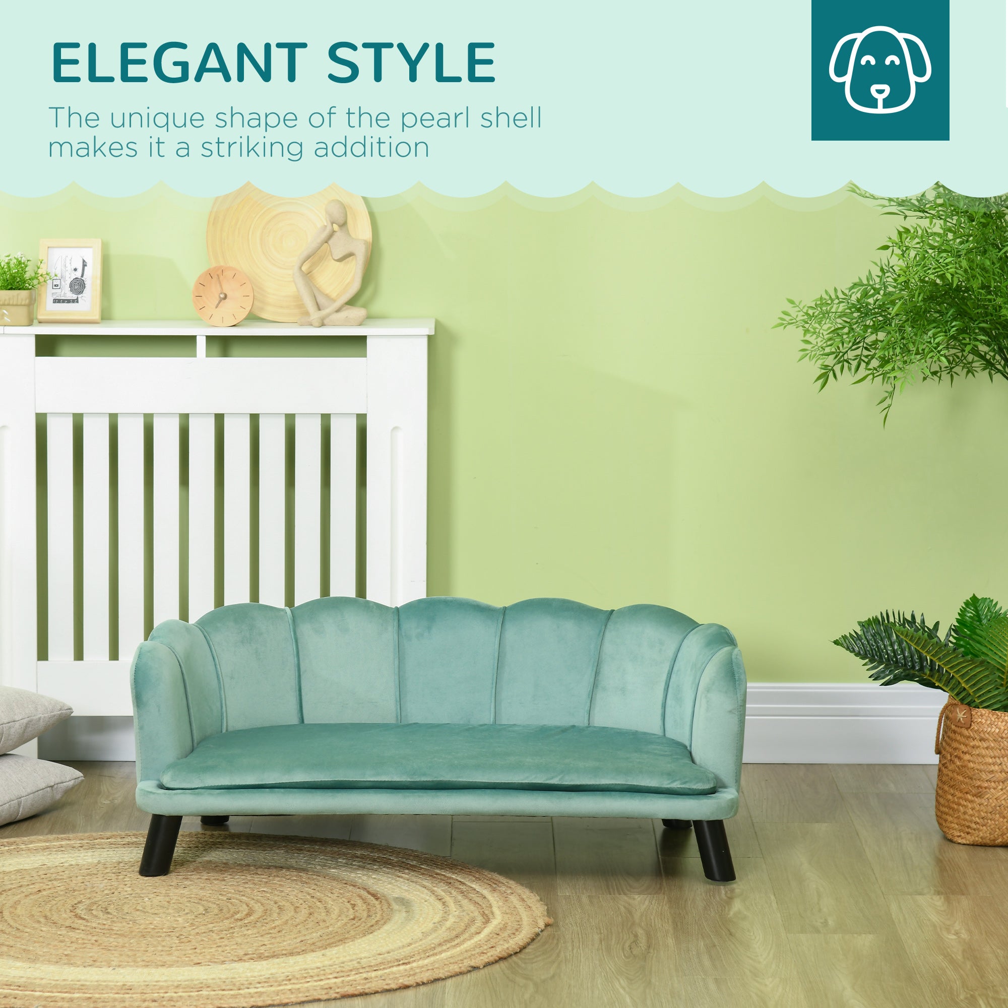 PawHut Dog Sofa for Medium, Large Dogs, Shell Shaped Pet Couch Bed with Legs, Cushion, Washable Cover - Green