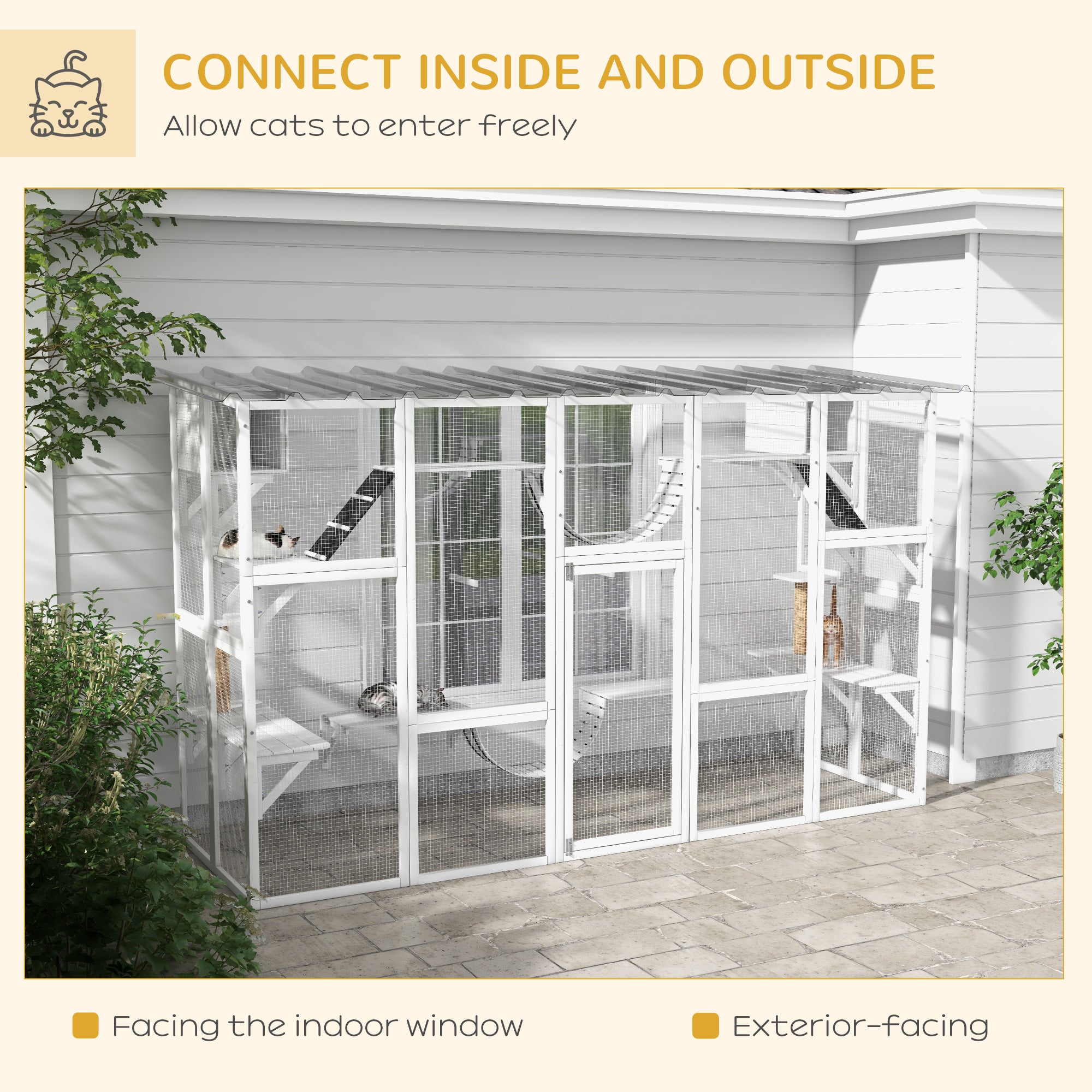 PawHut Catio, Large Outdoor Cat Enclosure with Cat Condos, Platforms, Ladders, Doors, Weather-Resistant Roof, Wooden Cat Cage for 1-4 Cats, White