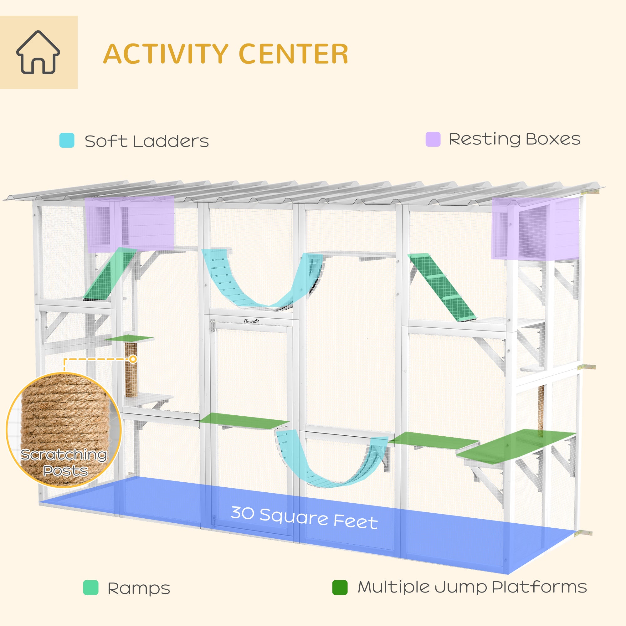 PawHut Catio, Large Outdoor Cat Enclosure with Cat Condos, Platforms, Ladders, Doors, Weather-Resistant Roof, Wooden Cat Cage for 1-4 Cats, White
