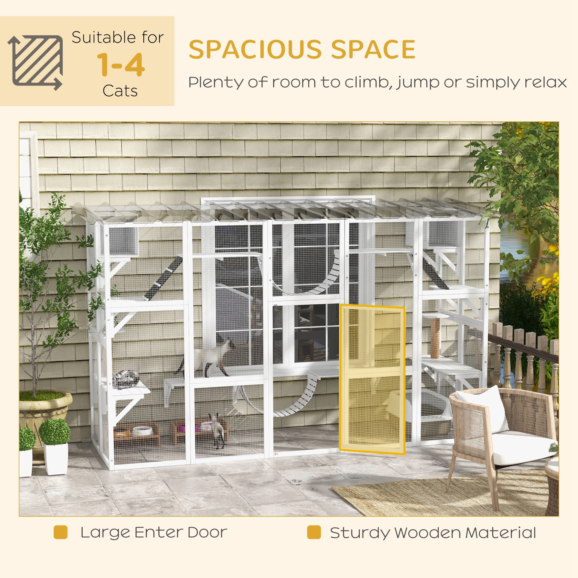 PawHut Catio, Large Outdoor Cat Enclosure with Cat Condos, Platforms, Ladders, Doors, Weather-Resistant Roof, Wooden Cat Cage for 1-4 Cats, White