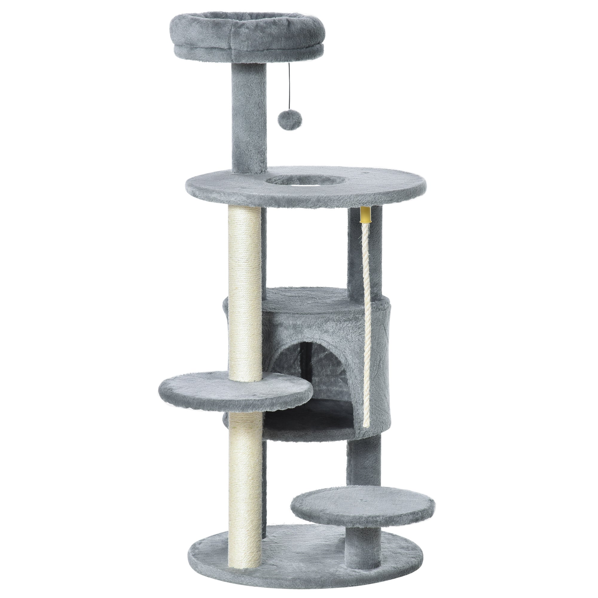 PawHut Cat Tree Tower for Indoor Cats 112cm Climbing Kitten Activity Center with Jute Scratching Post Perch Hanging Ball Toy Teasing Rope Dark grey