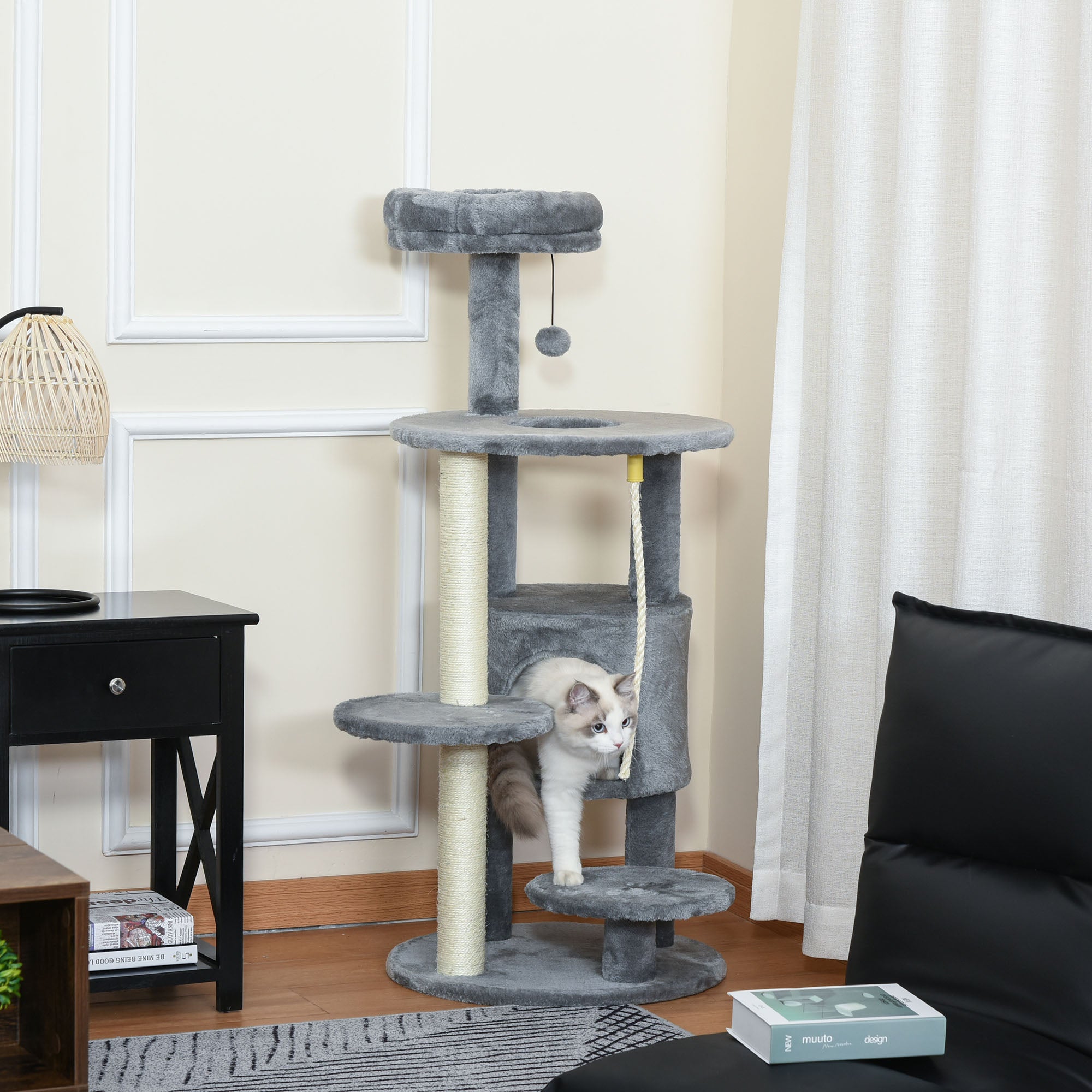 PawHut Cat Tree for Indoor Cats, 44 Inches Multi-Level Cat Tower, Climbing Activity Center with Jute Scratching Post, Perch, Hanging Ball Toy, Teasing Rope, Dark Grey