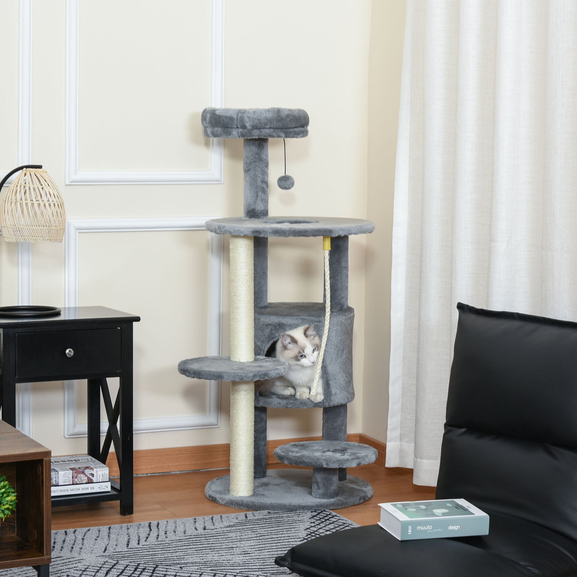 PawHut Cat Tree for Indoor Cats, 44 Inches Multi-Level Cat Tower, Climbing Activity Center with Jute Scratching Post, Perch, Hanging Ball Toy, Teasing Rope, Dark Grey